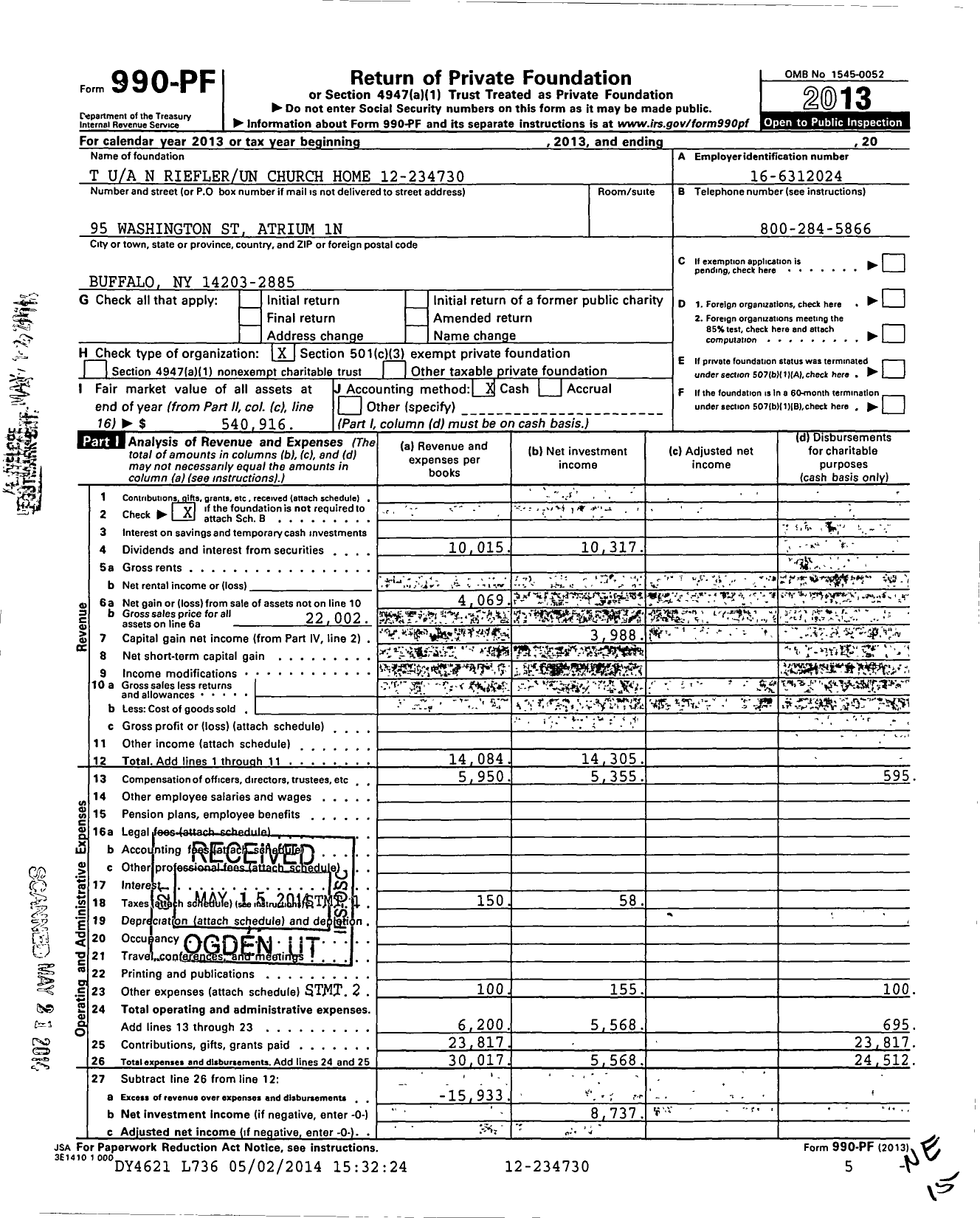 Image of first page of 2013 Form 990PF for T N Riefler Un Church Home