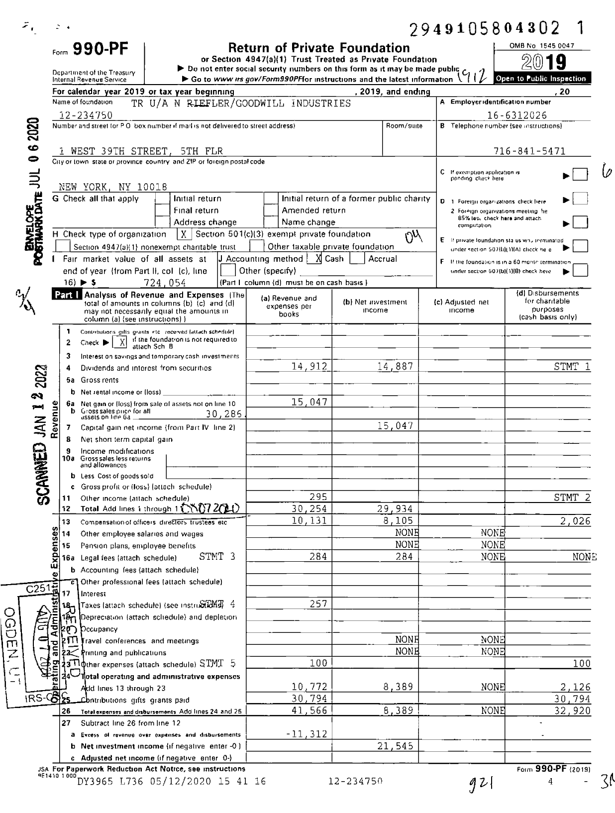 Image of first page of 2019 Form 990PF for TR N Rieflergoodwill Industries