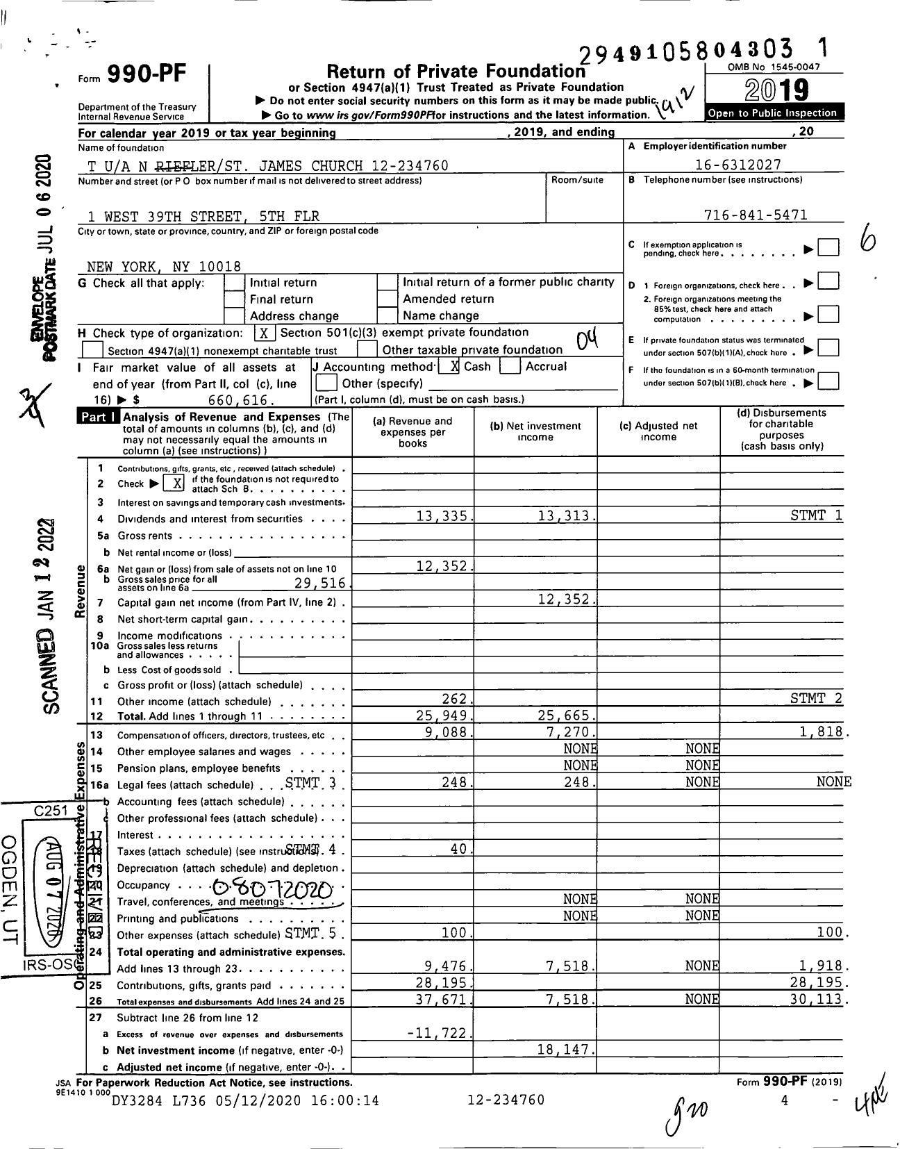 Image of first page of 2019 Form 990PF for T N Rieflerst James Church 12-234760