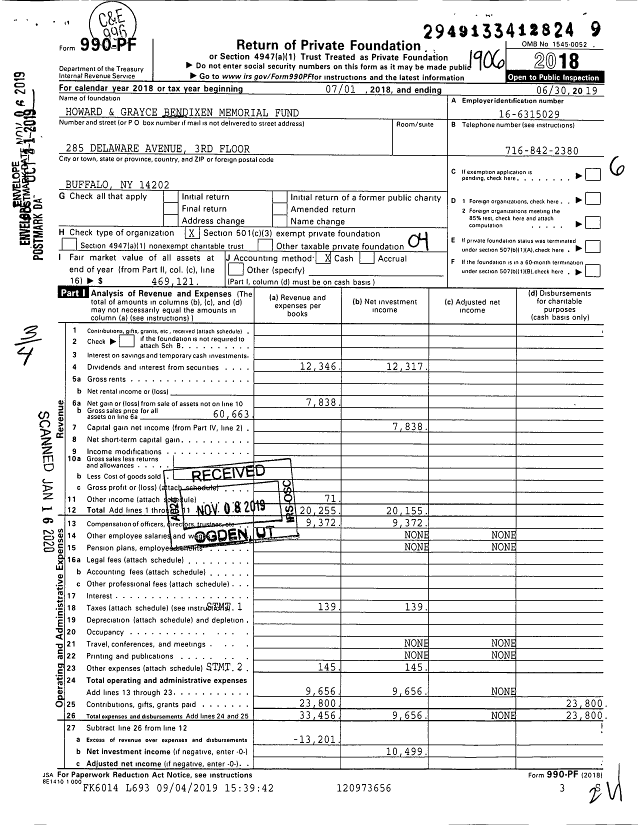 Image of first page of 2018 Form 990PF for Howard and Grayce Bendixen Memorial Fund