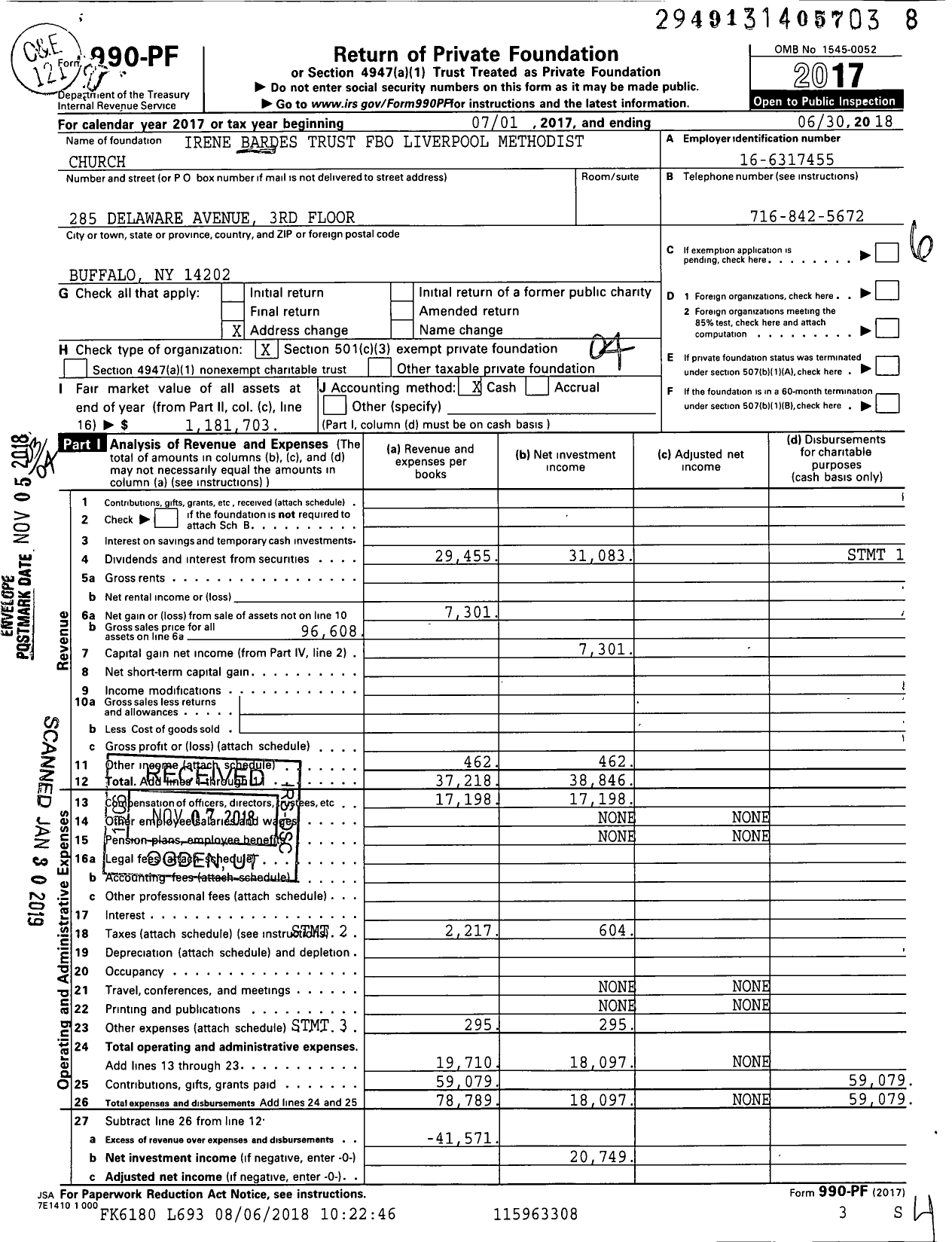 Image of first page of 2017 Form 990PF for Irene Bardes Trust Fbo Liverpool Methodist