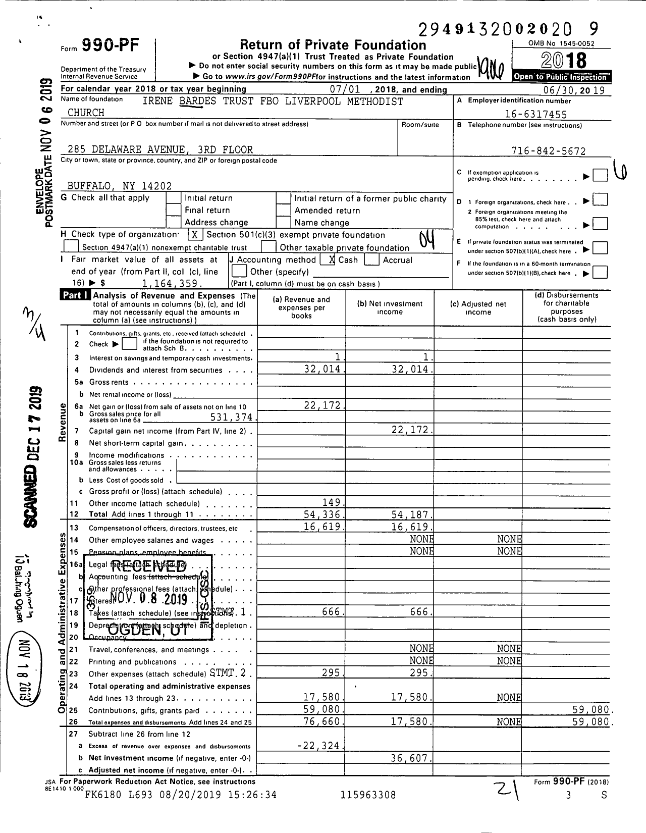 Image of first page of 2018 Form 990PF for Irene Bardes Trust Fbo Liverpool Methodist