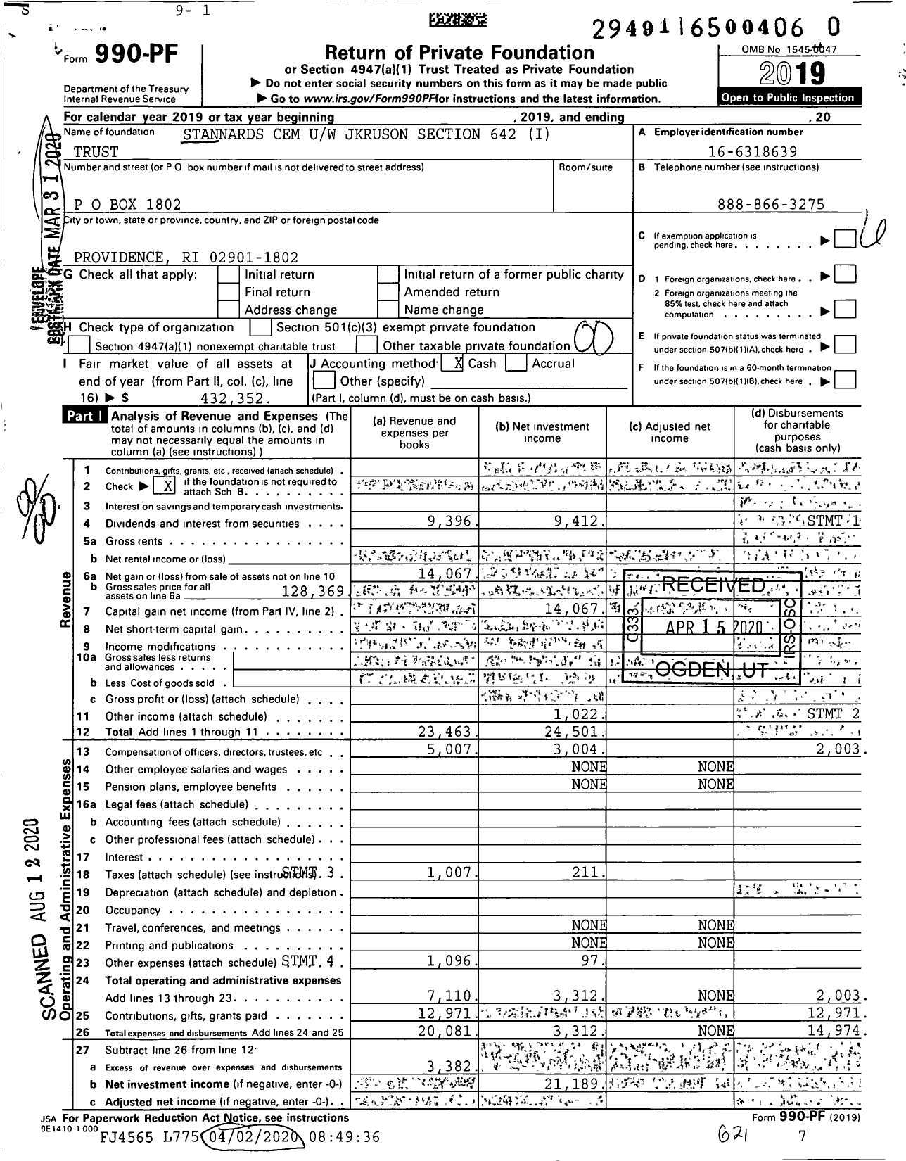 Image of first page of 2019 Form 990PR for Stannards Cem Uw Jkruson Section 642