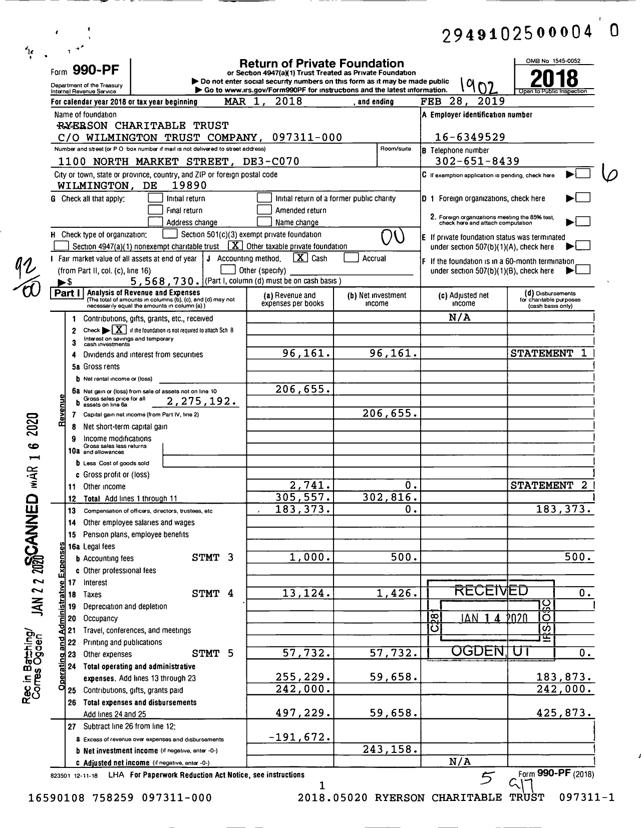 Image of first page of 2018 Form 990PR for Ryerson Charitable Trust 097311-000