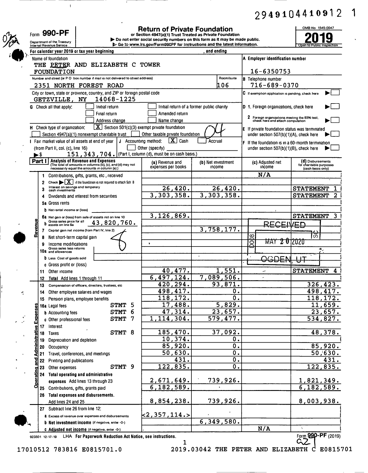 Image of first page of 2019 Form 990PF for Peter and Elizabeth C. Tower Foundation Trust