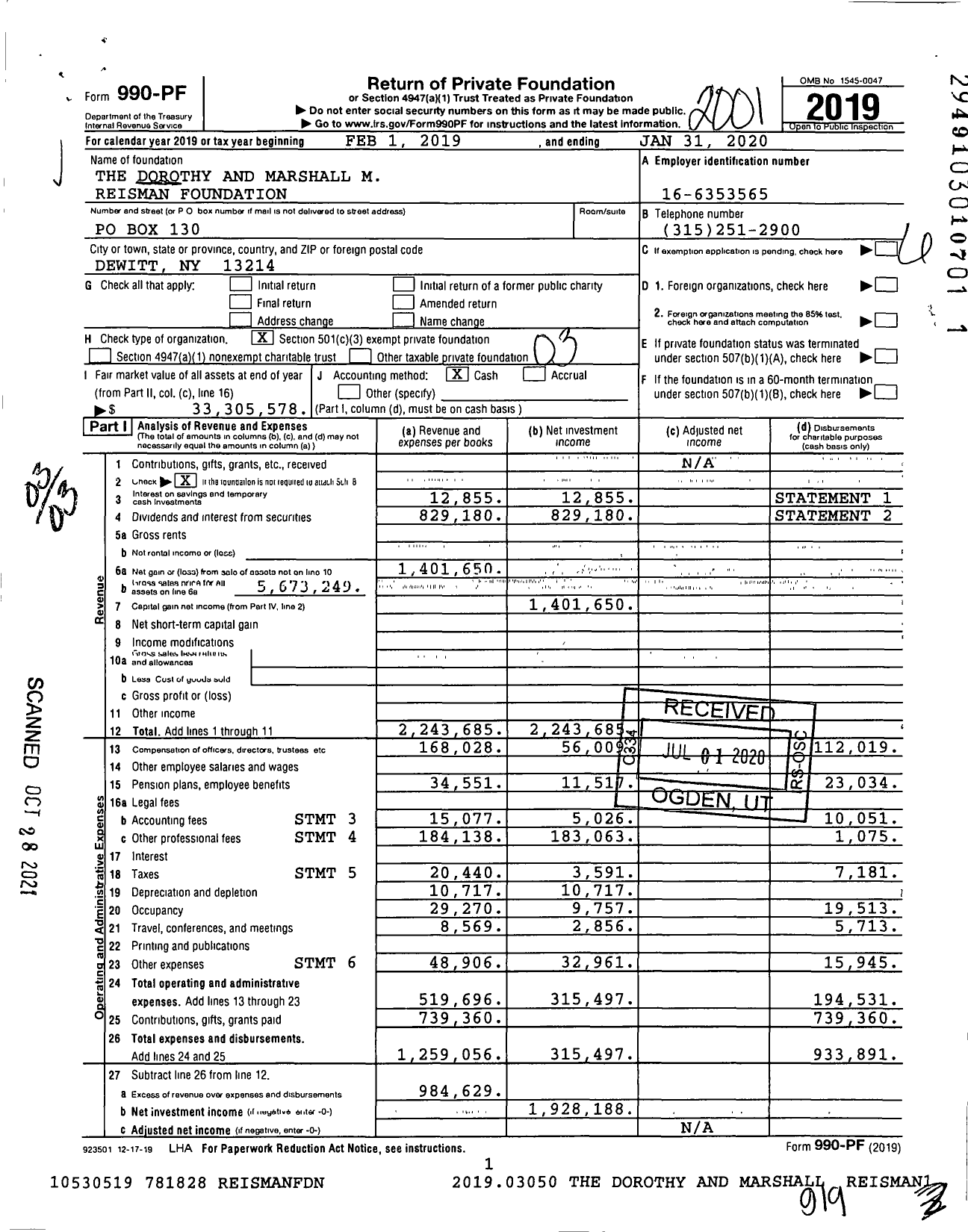 Image of first page of 2019 Form 990PF for The Dorothy and Marshall M Reisman Foundation