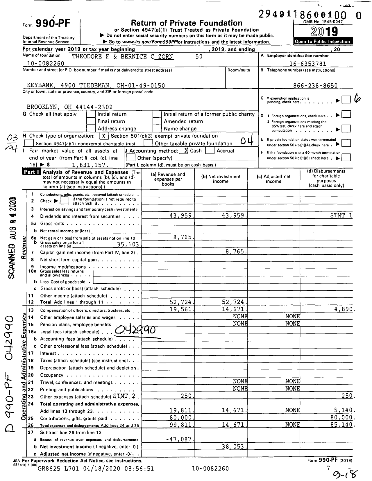 Image of first page of 2019 Form 990PR for Theodore E and Bernice C Zorn 50