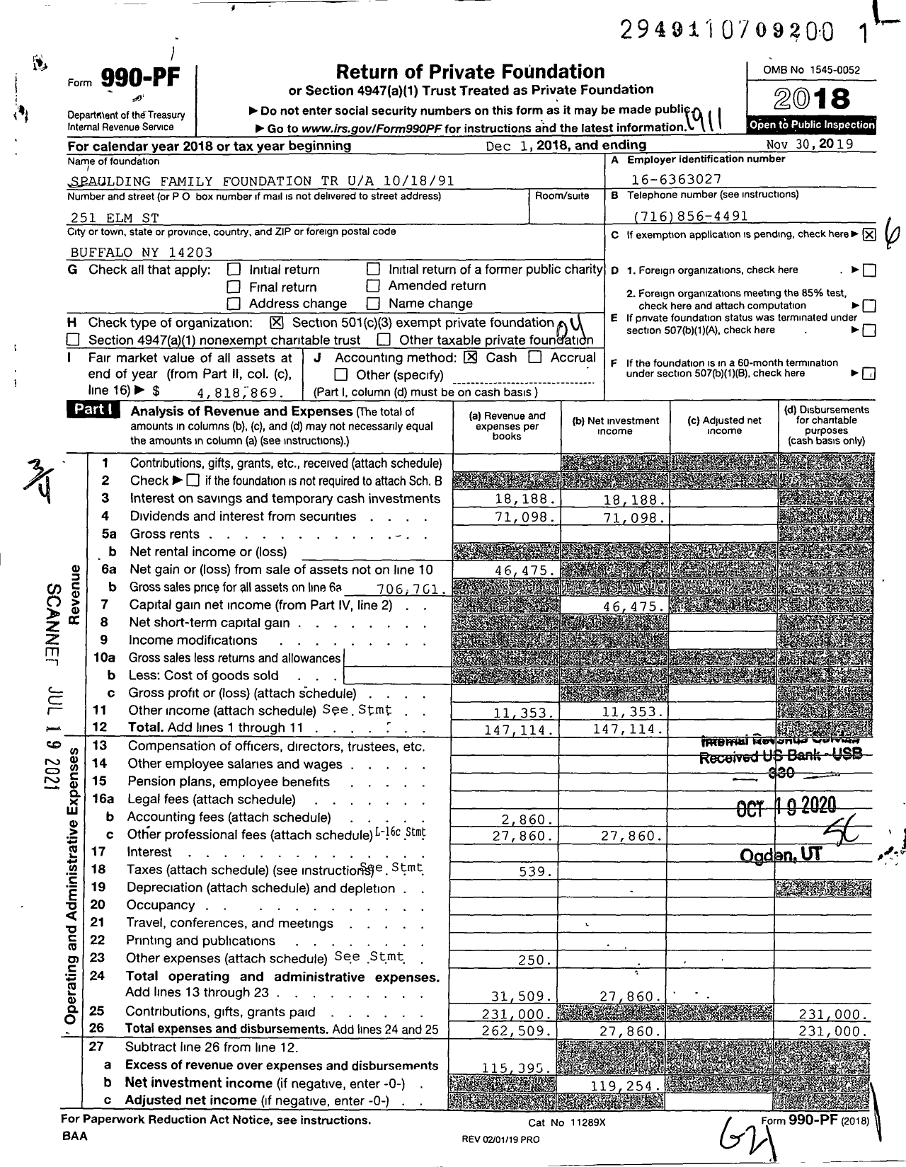 Image of first page of 2018 Form 990PF for Spaulding Family Foundation TR 101891