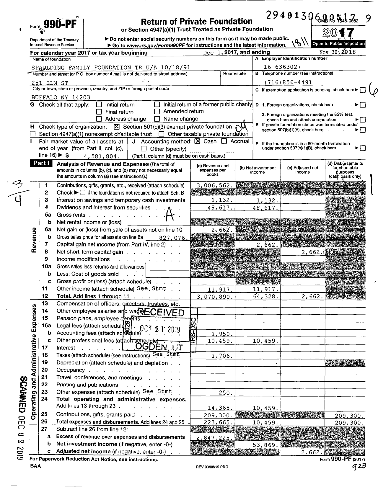 Image of first page of 2017 Form 990PF for Spaulding Family Foundation TR 101891