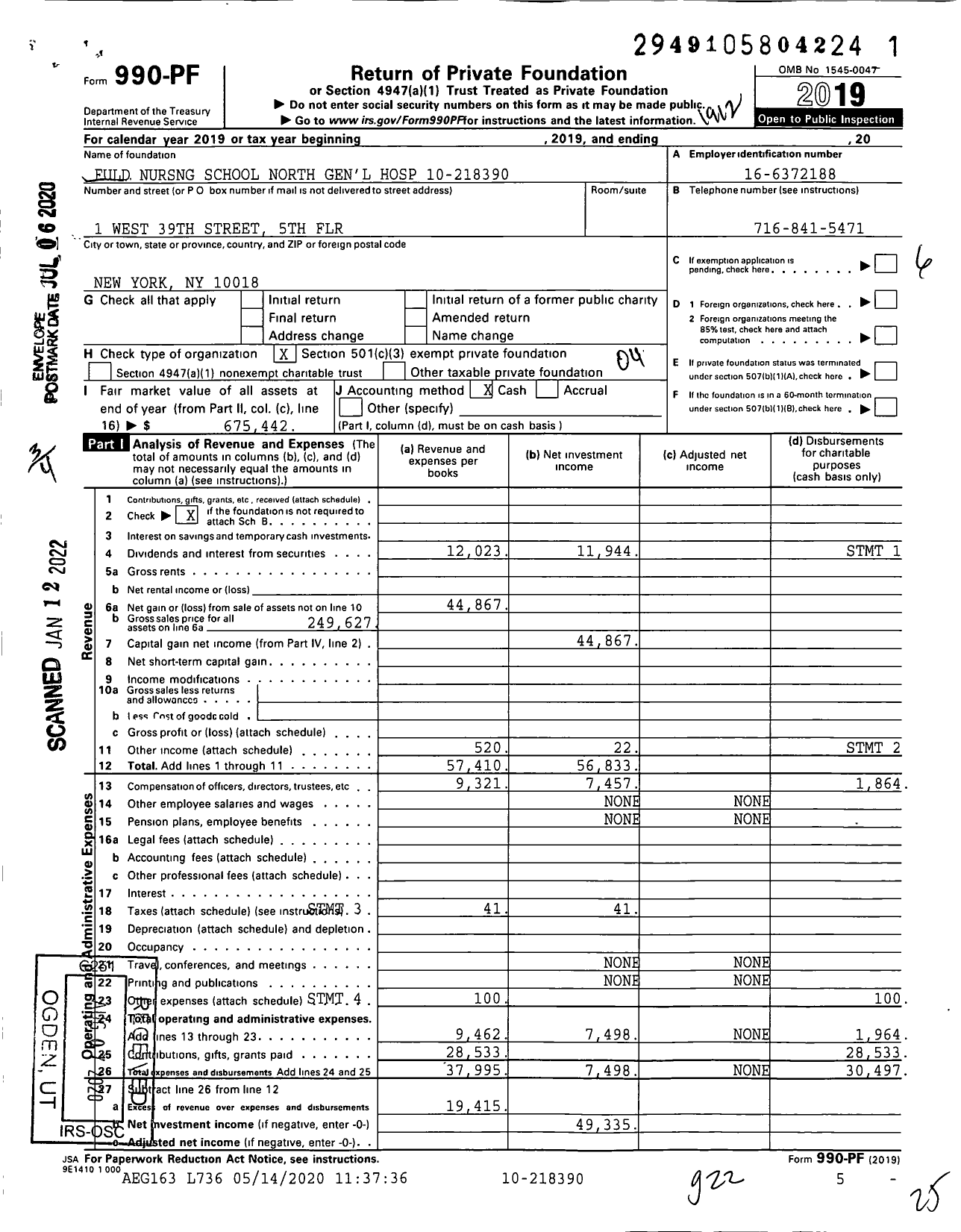 Image of first page of 2019 Form 990PF for Fuld Nursng School North Gen'l Hospital 10-218390