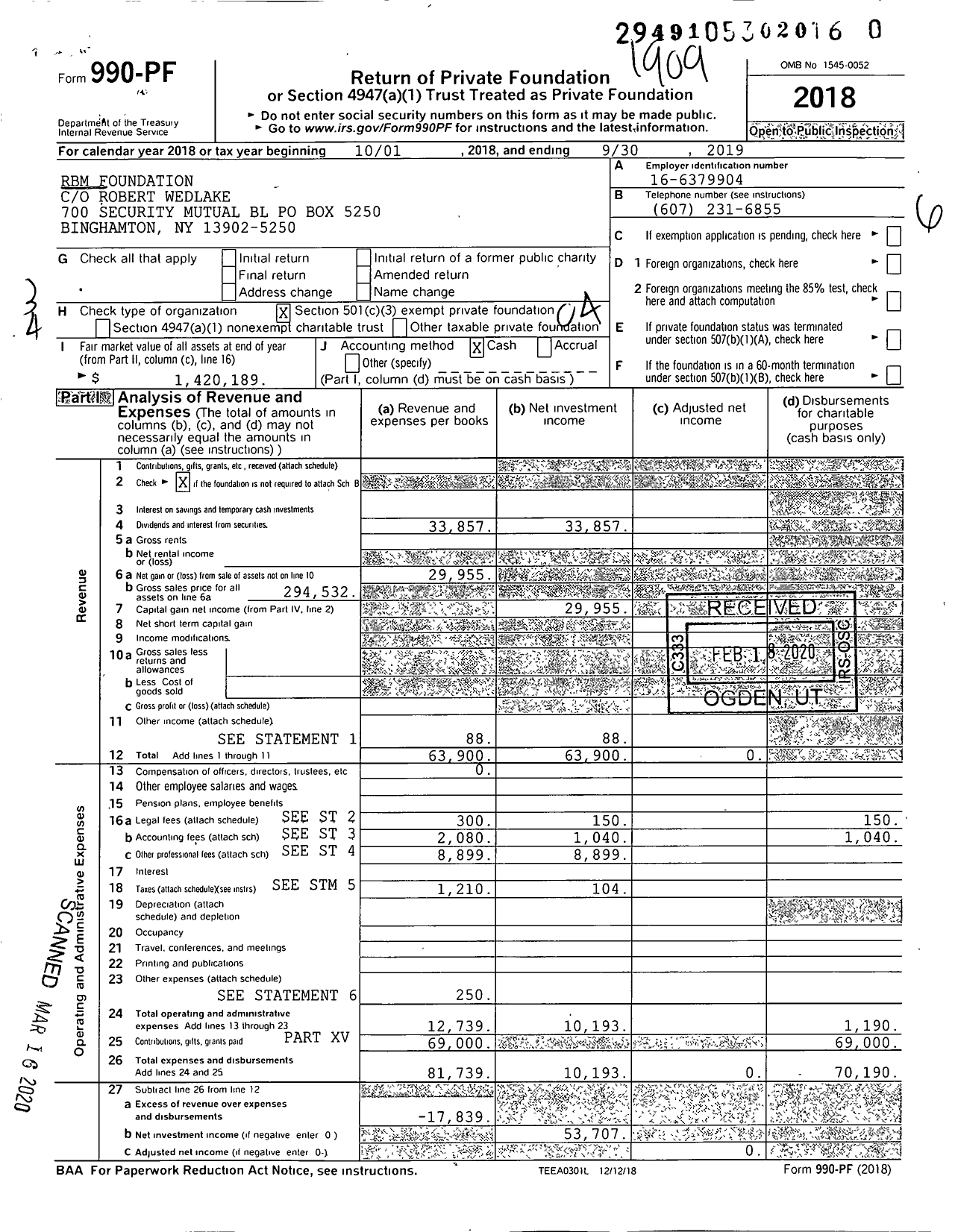 Image of first page of 2018 Form 990PR for RBM Foundation / Secrest Margery Et Al Ttees