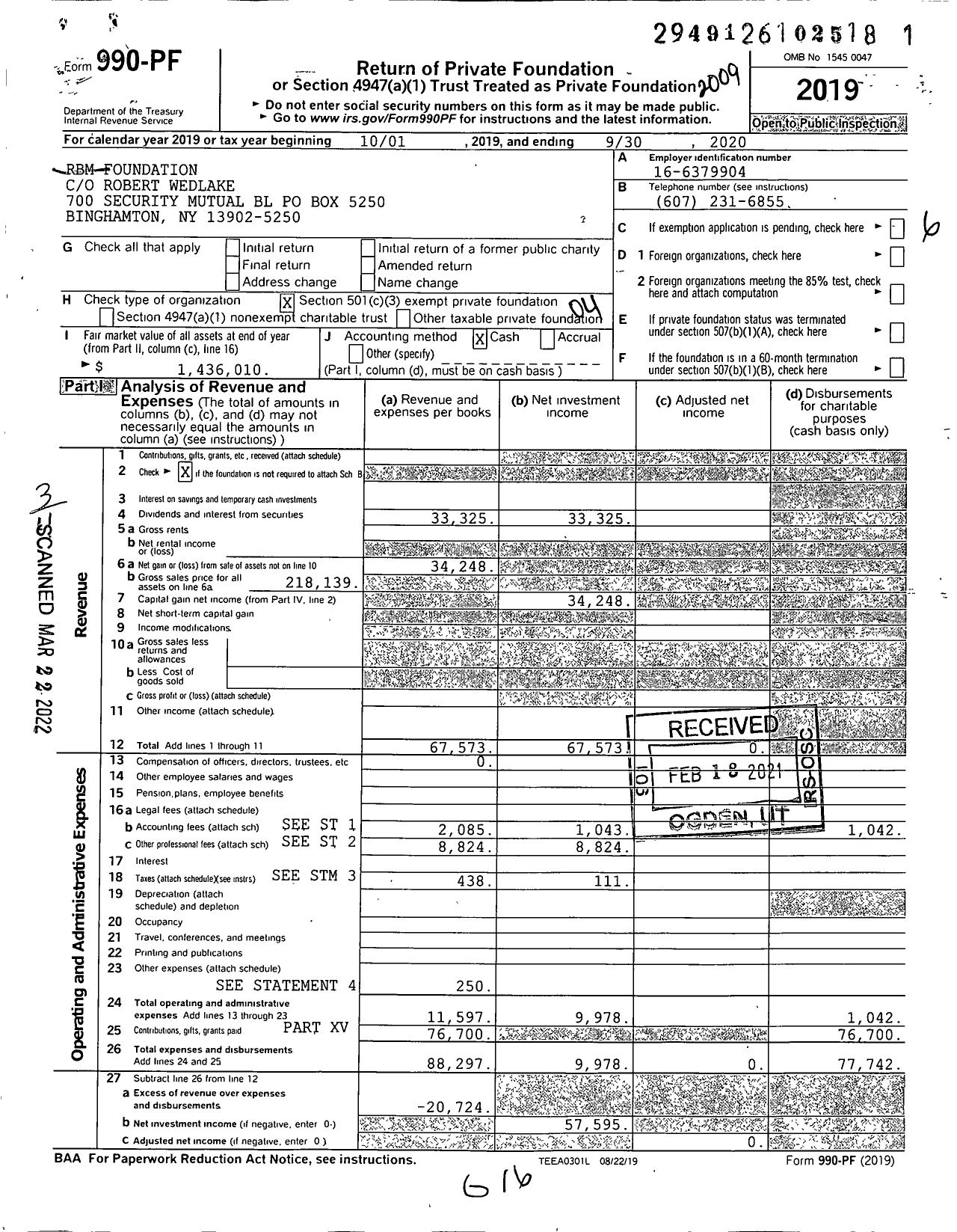 Image of first page of 2019 Form 990PF for RBM Foundation / Secrest Margery Et Al Ttees