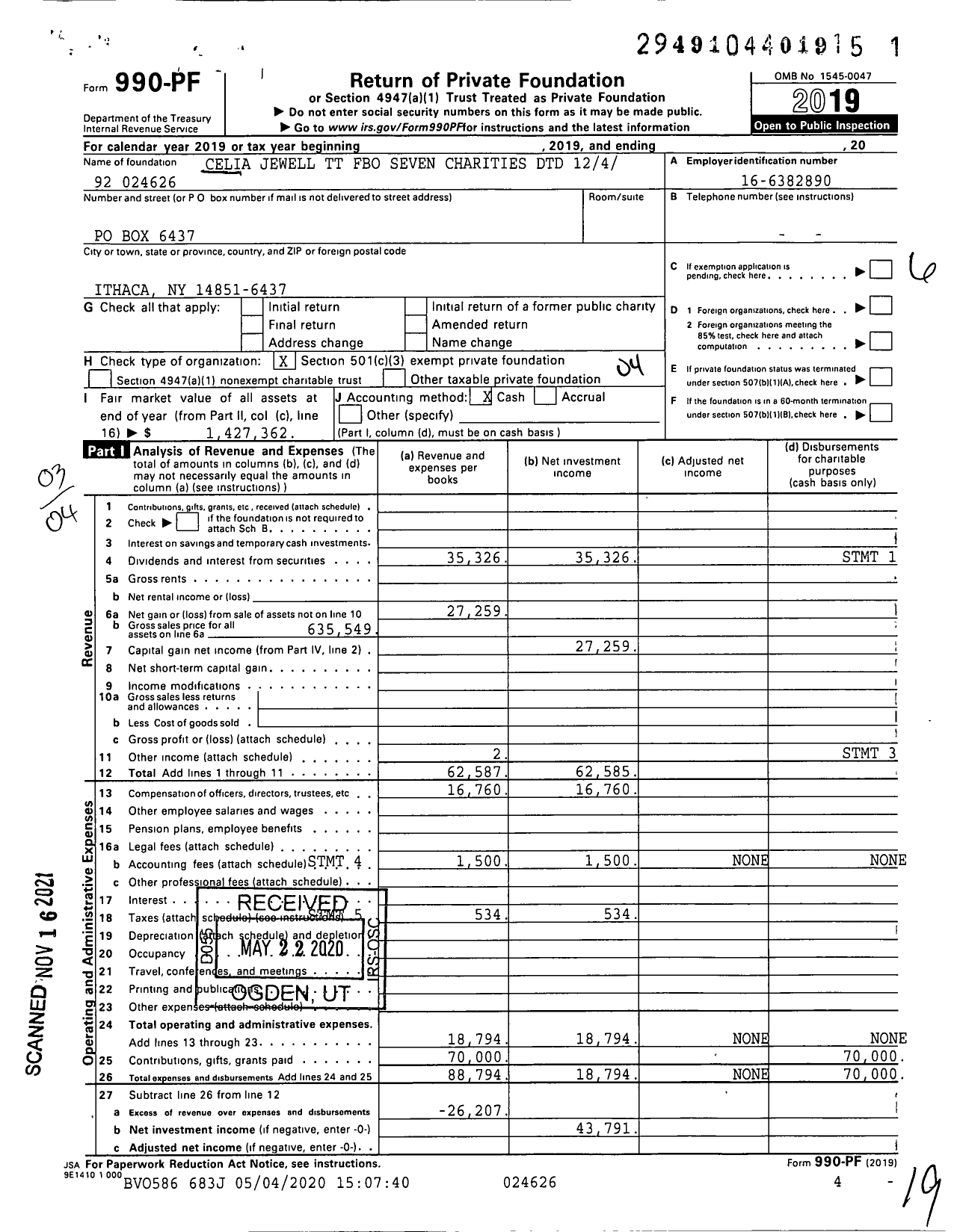 Image of first page of 2019 Form 990PF for Celia Jewell TT Fbo Seven Charities DTD 124