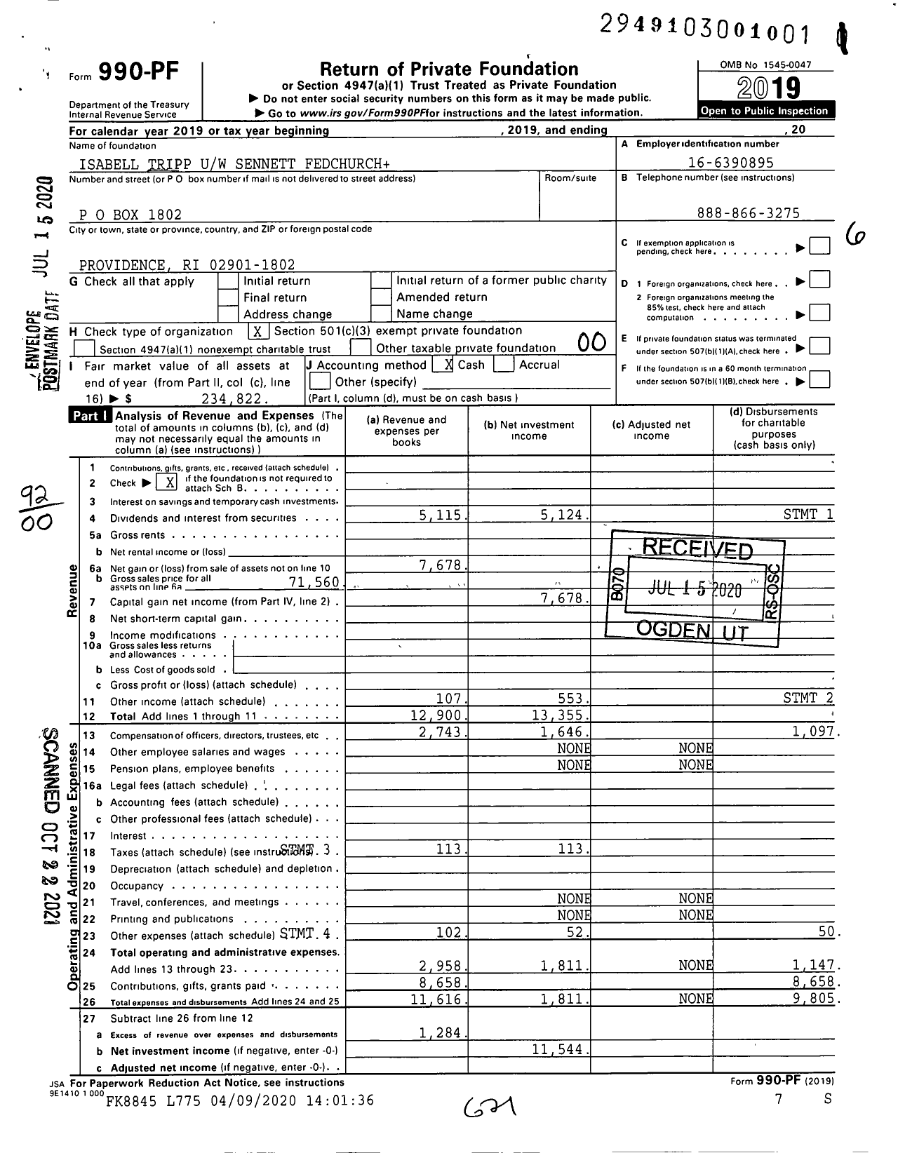 Image of first page of 2019 Form 990PF for Isabell Tripp Uw Sennett Fedchurch