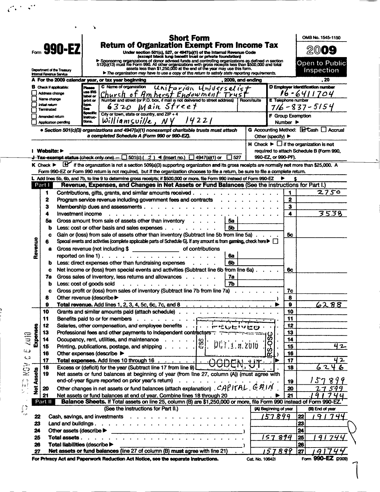 Image of first page of 2009 Form 990EZ for Unitarian Universalist Church of Amherst Endowment Trust