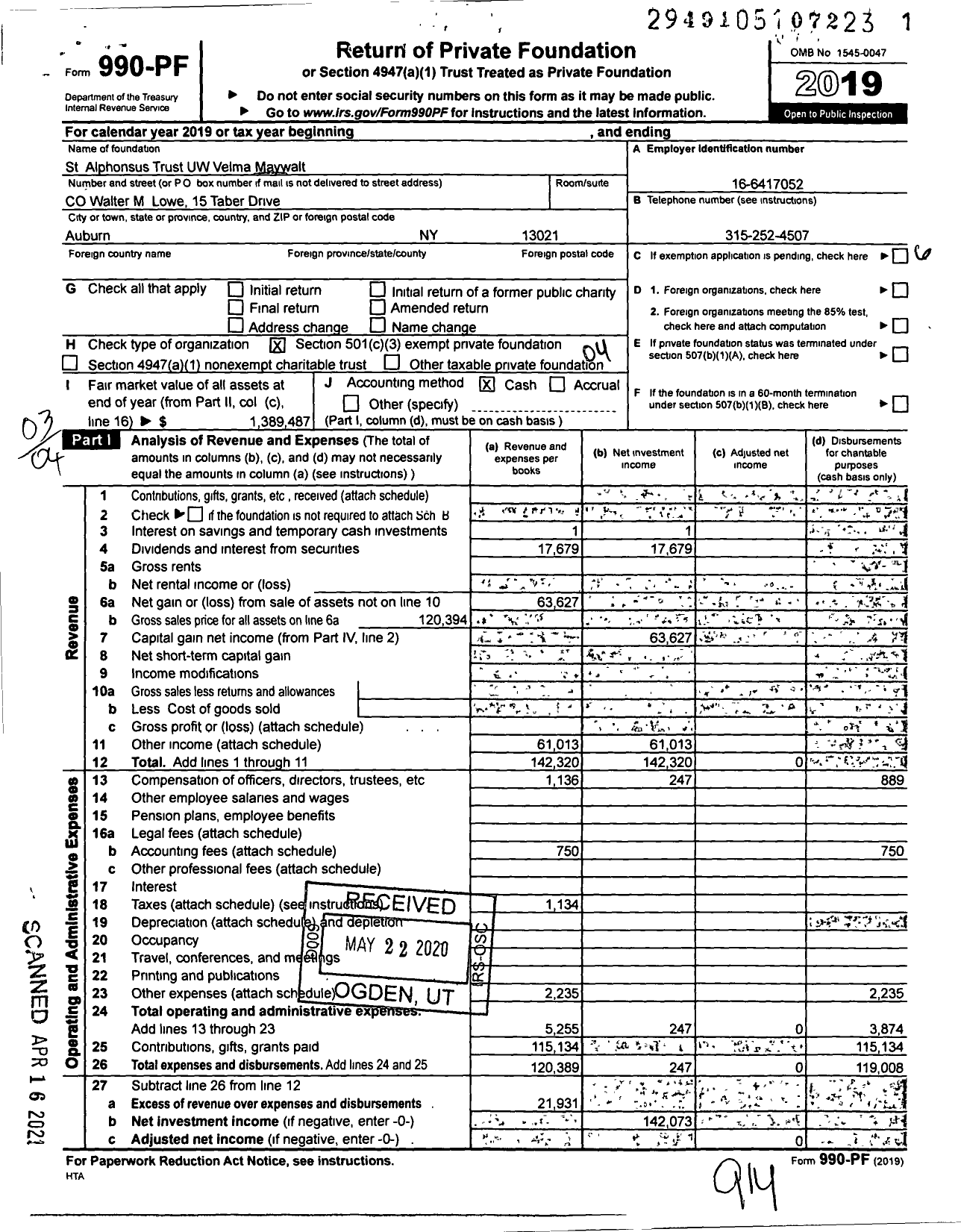 Image of first page of 2019 Form 990PF for St Alphonsus Trust UW Velma Maywalt