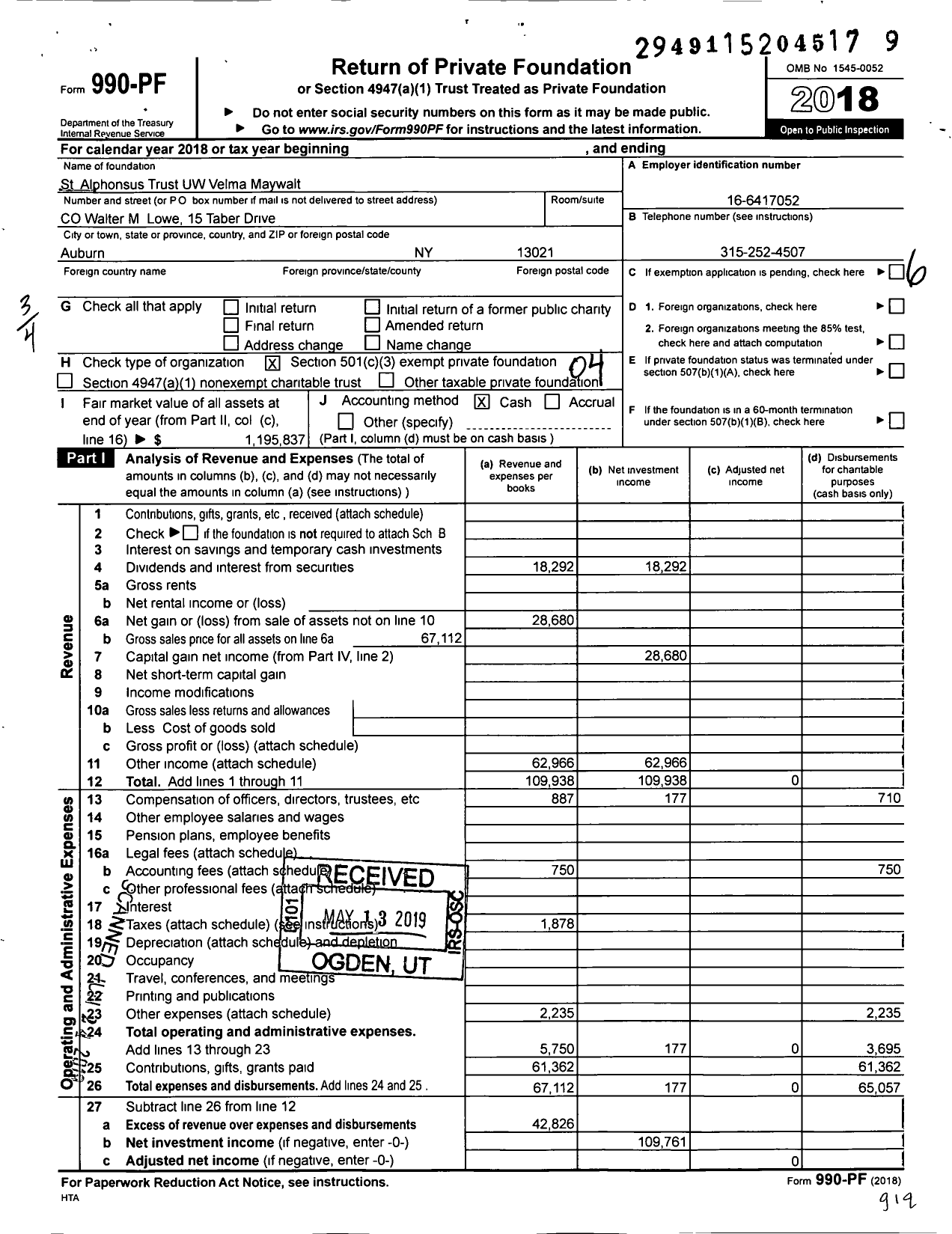 Image of first page of 2018 Form 990PF for St Alphonsus Trust UW Velma Maywalt