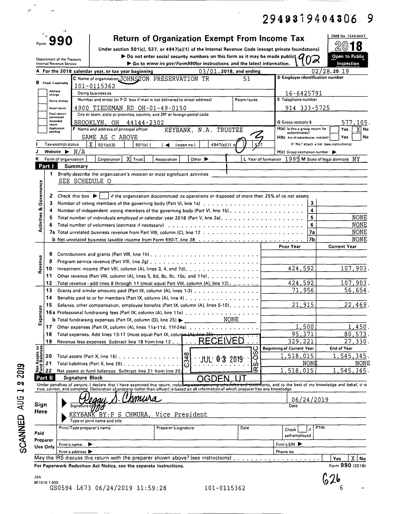 Image of first page of 2018 Form 990 for Johnston Preservation TR 51