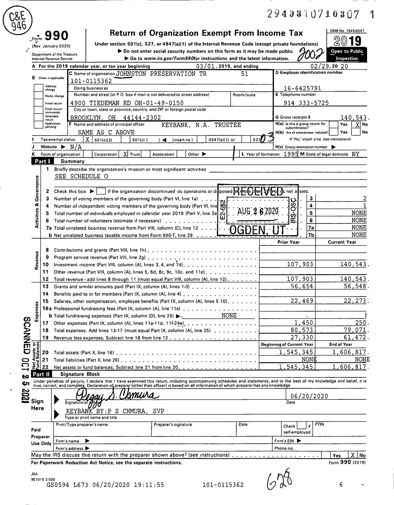 Image of first page of 2019 Form 990 for Johnston Preservation TR 51