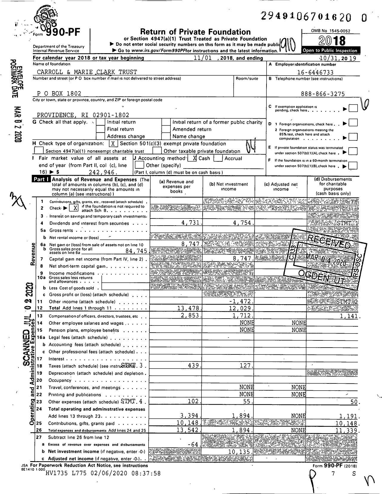 Image of first page of 2018 Form 990PR for Carroll and Marie Clark Trust