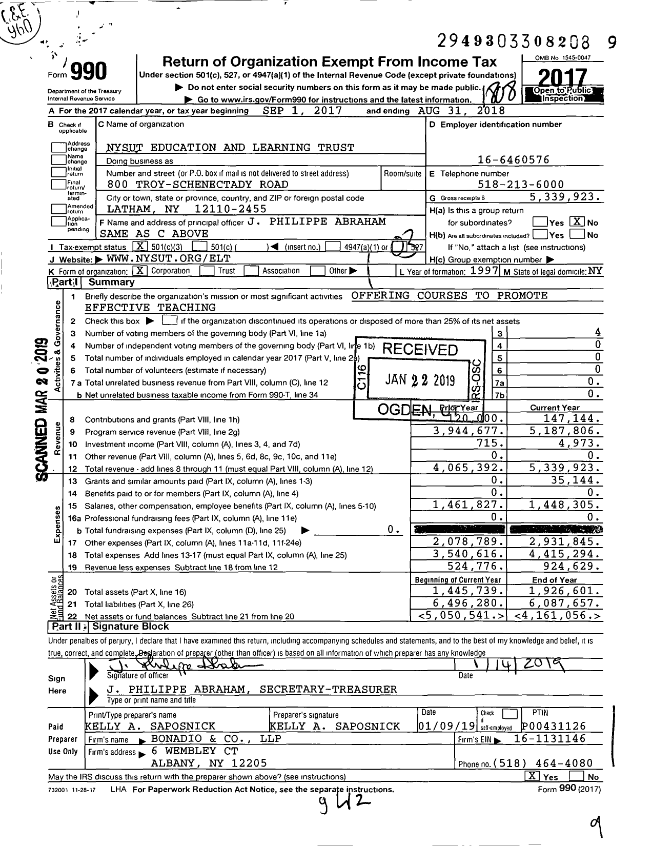 Image of first page of 2017 Form 990 for NYSUT Education and Learning Trust (ELT)