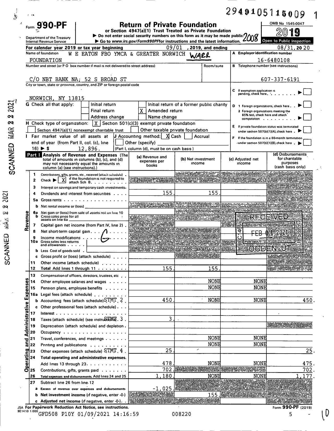 Image of first page of 2019 Form 990PF for W E Eaton Fbo Ymca and Greater Norwich