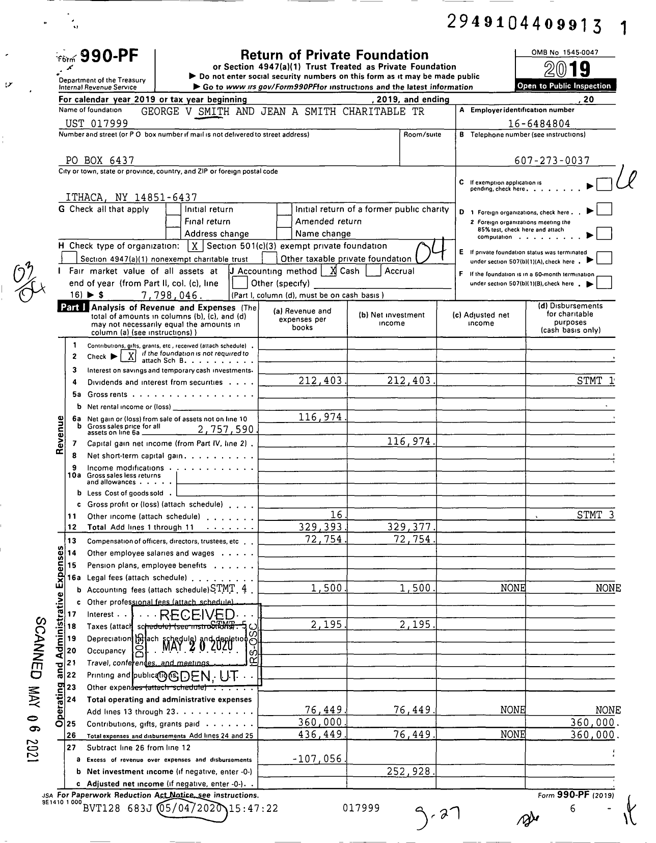 Image of first page of 2019 Form 990PF for George V Smith and Jean A Smith Charitable Trust