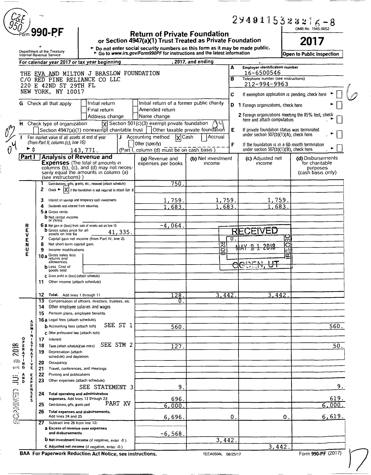 Image of first page of 2017 Form 990PF for The Eva and Milton J Braslow Foundation