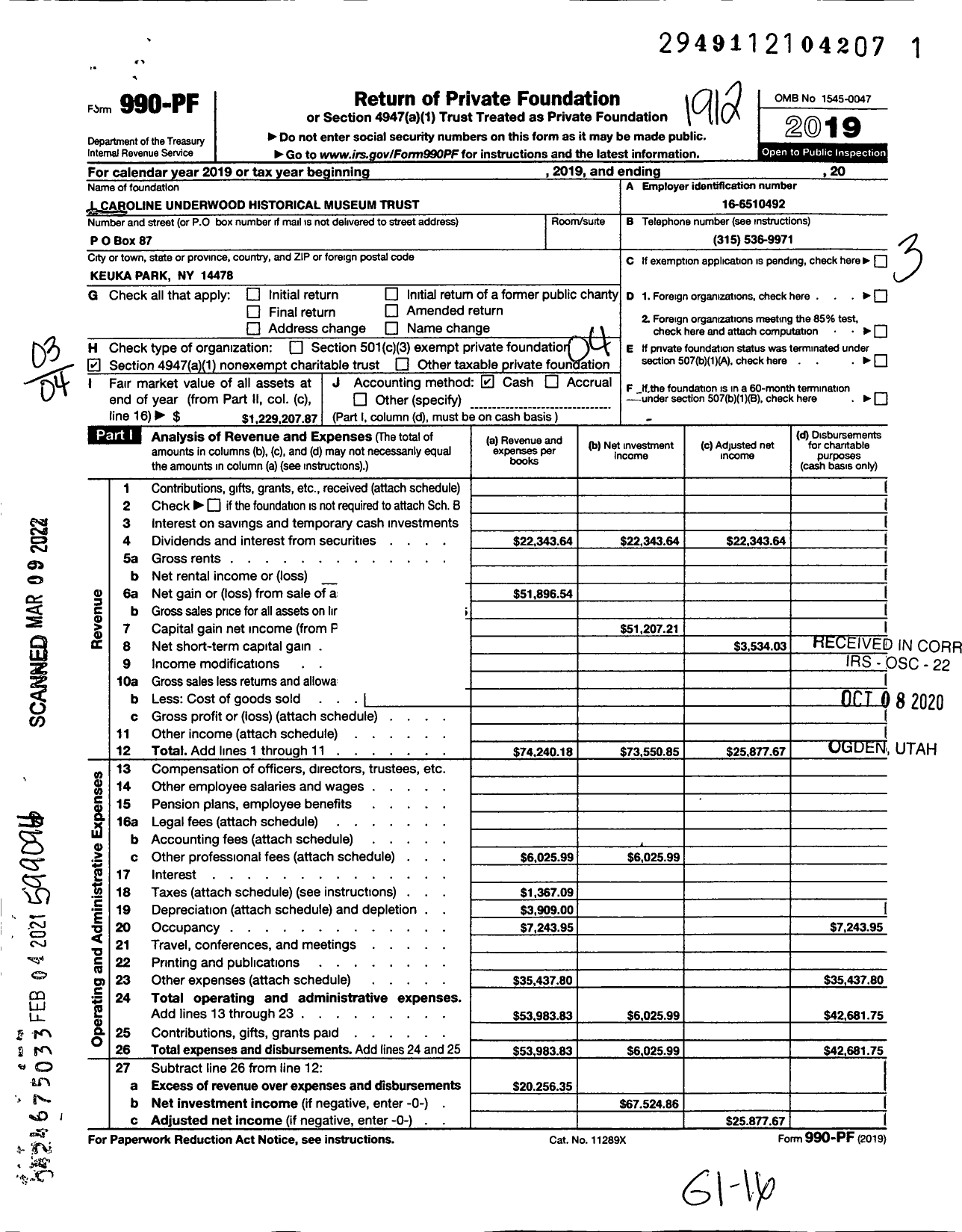 Image of first page of 2019 Form 990PF for L Caroline Underwood Historical Museum Trust