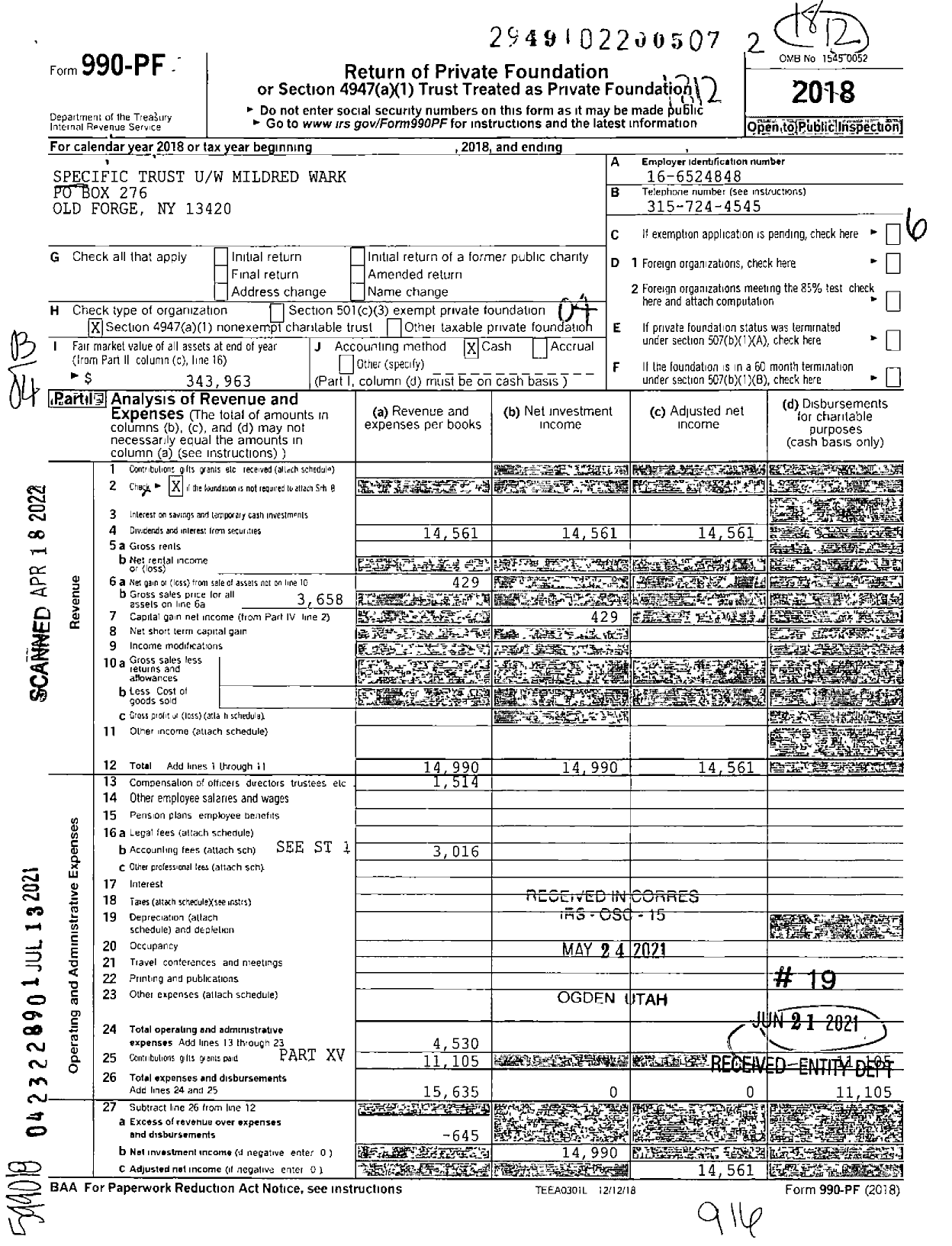 Image of first page of 2018 Form 990PF for Specific Trust Uw Mildred Wark
