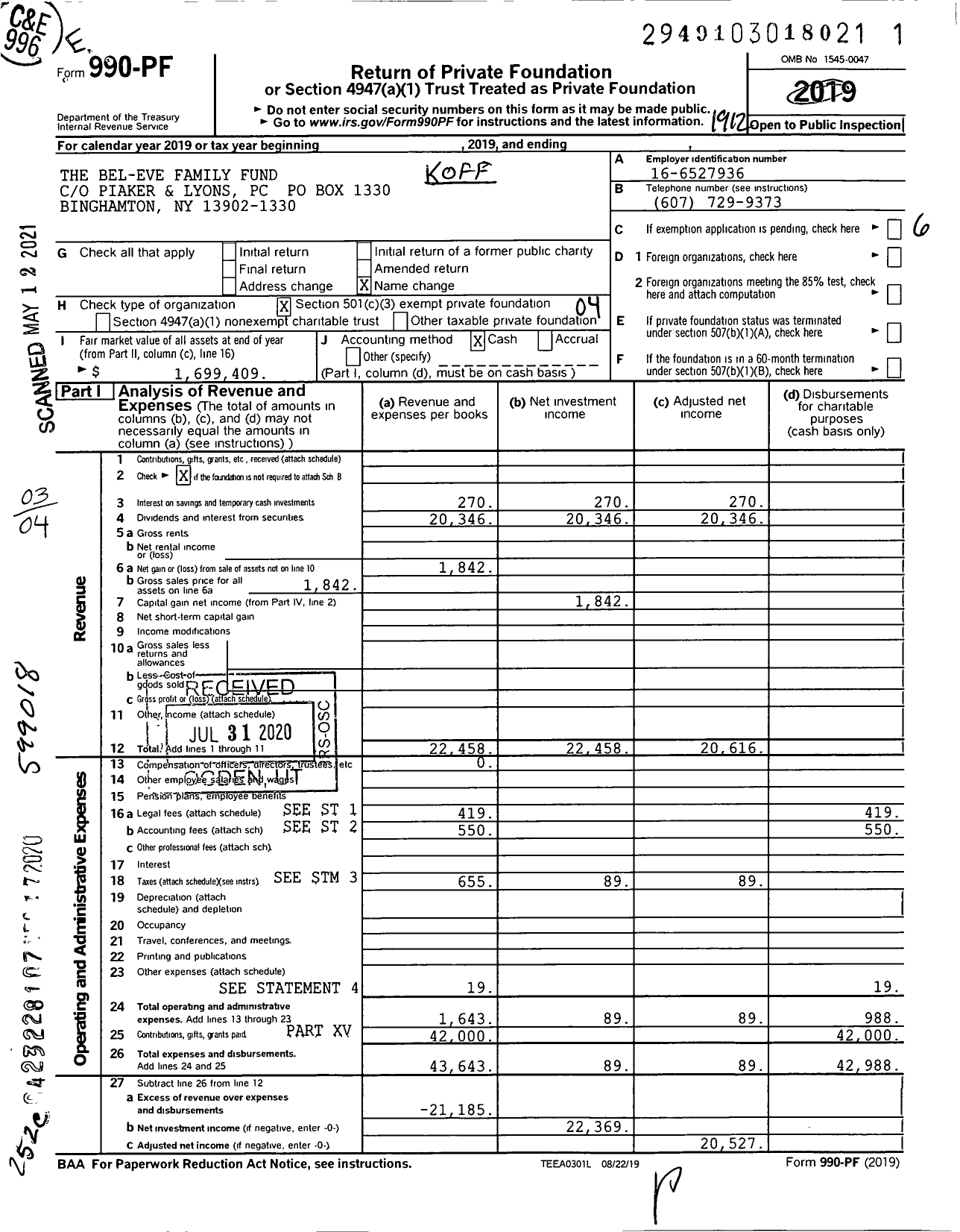 Image of first page of 2019 Form 990PF for The Bel-Eve Family Fund