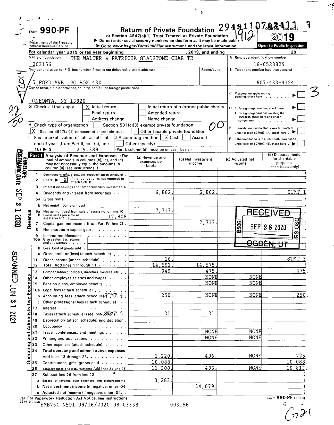 Image of first page of 2019 Form 990PF for The Walter and Patricia Gladstone Charitable Trust