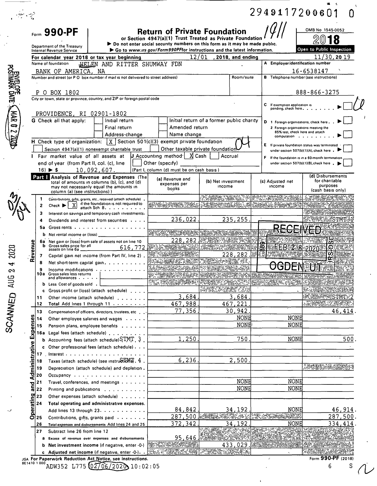 Image of first page of 2018 Form 990PR for Helen and Ritter Shumway Foundation