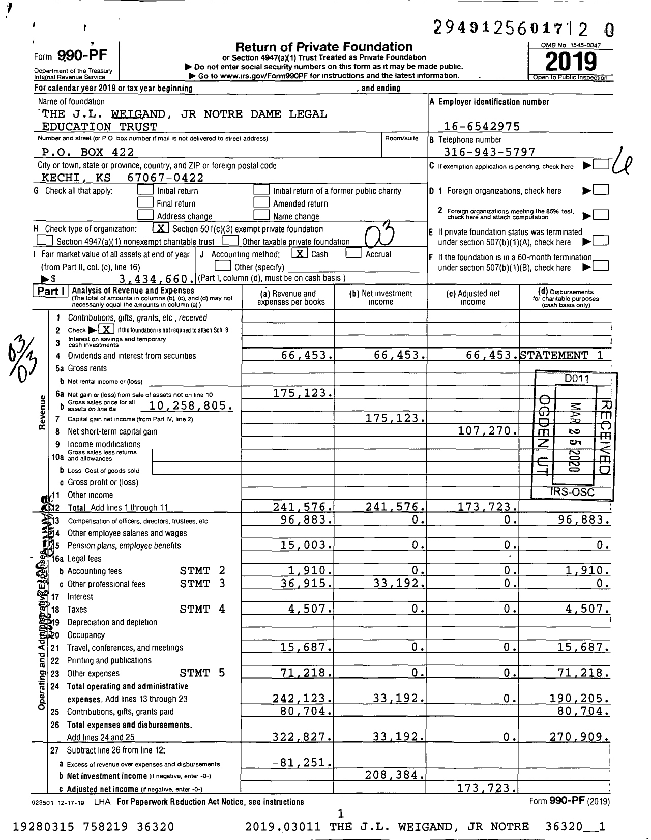 Image of first page of 2019 Form 990PR for The JL Weigand JR Notre Dame Legal Education Trust