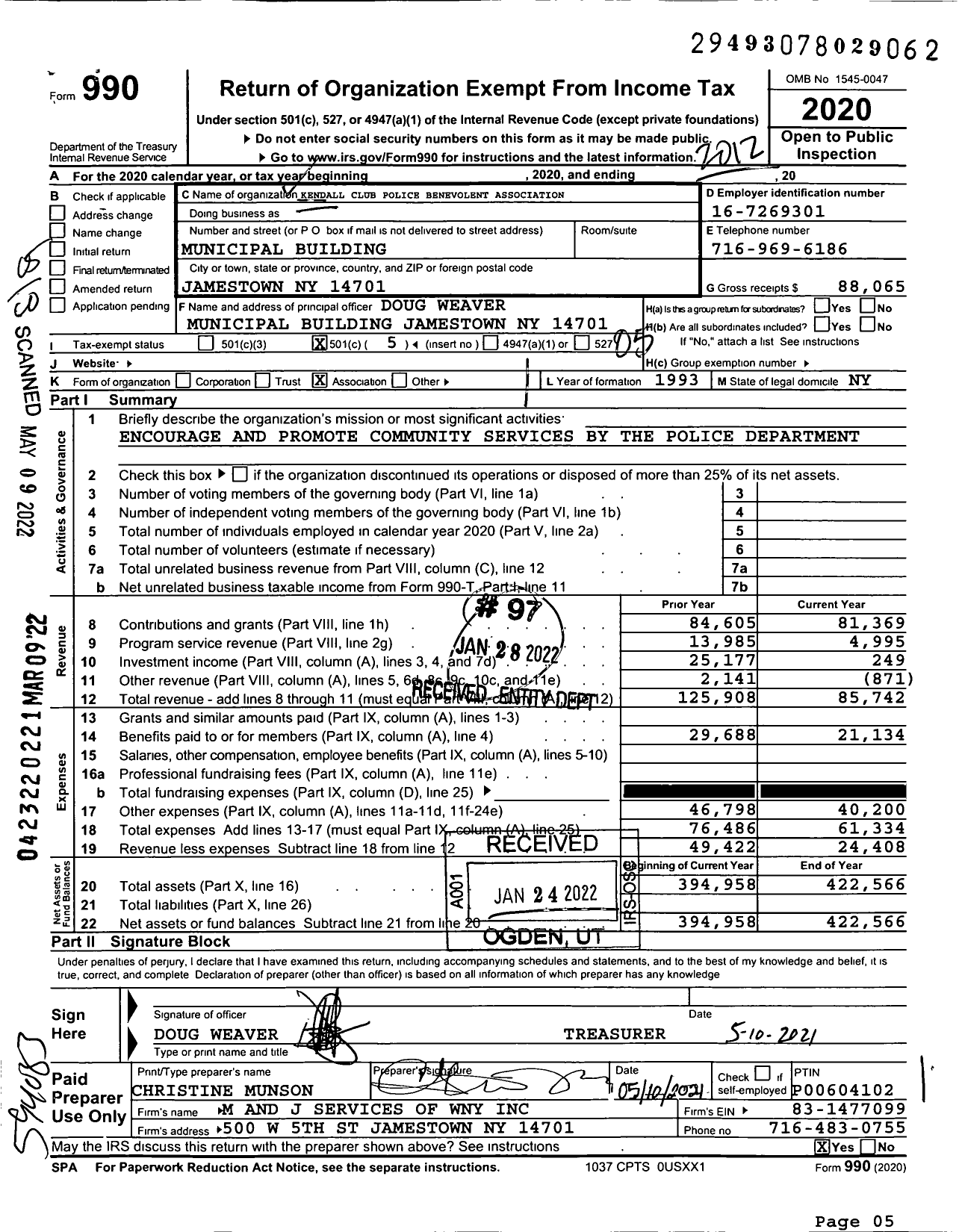 Image of first page of 2020 Form 990O for Kendall Club Police Benevolent Association