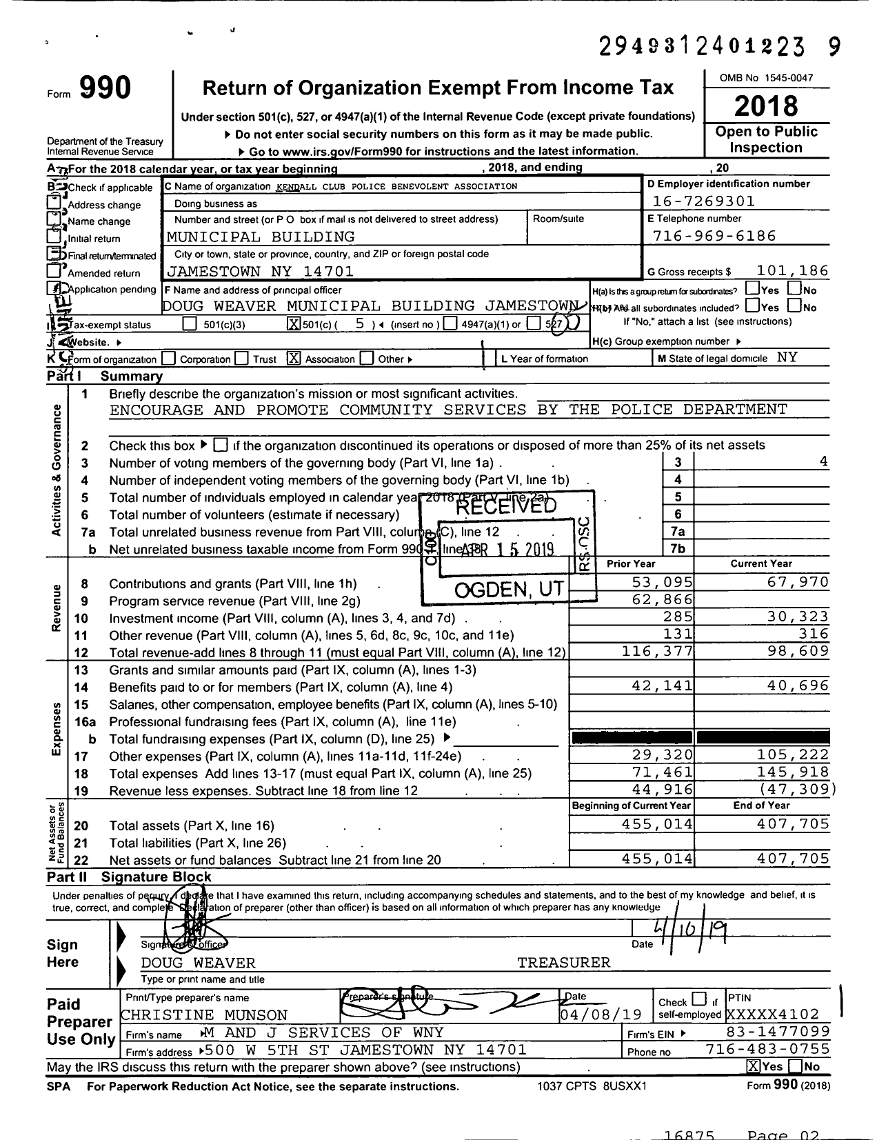 Image of first page of 2018 Form 990O for Kendall Club Police Benevolent Association