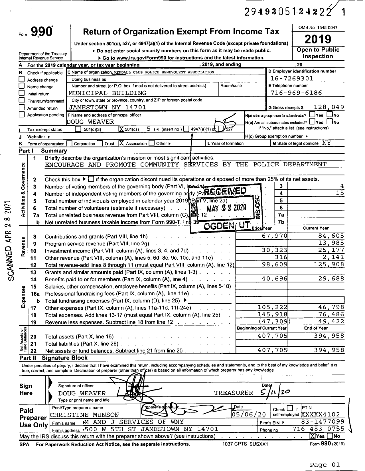 Image of first page of 2019 Form 990O for Kendall Club Police Benevolent Association