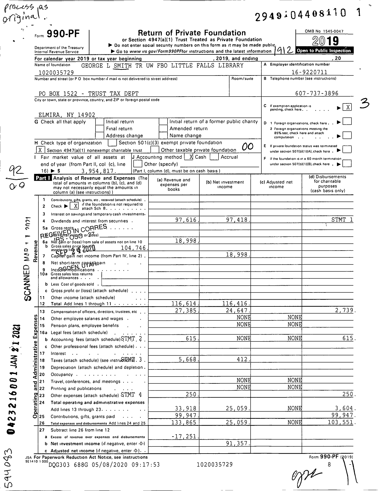 Image of first page of 2019 Form 990PF for George L Smith TR Uw Fbo Little Falls Library