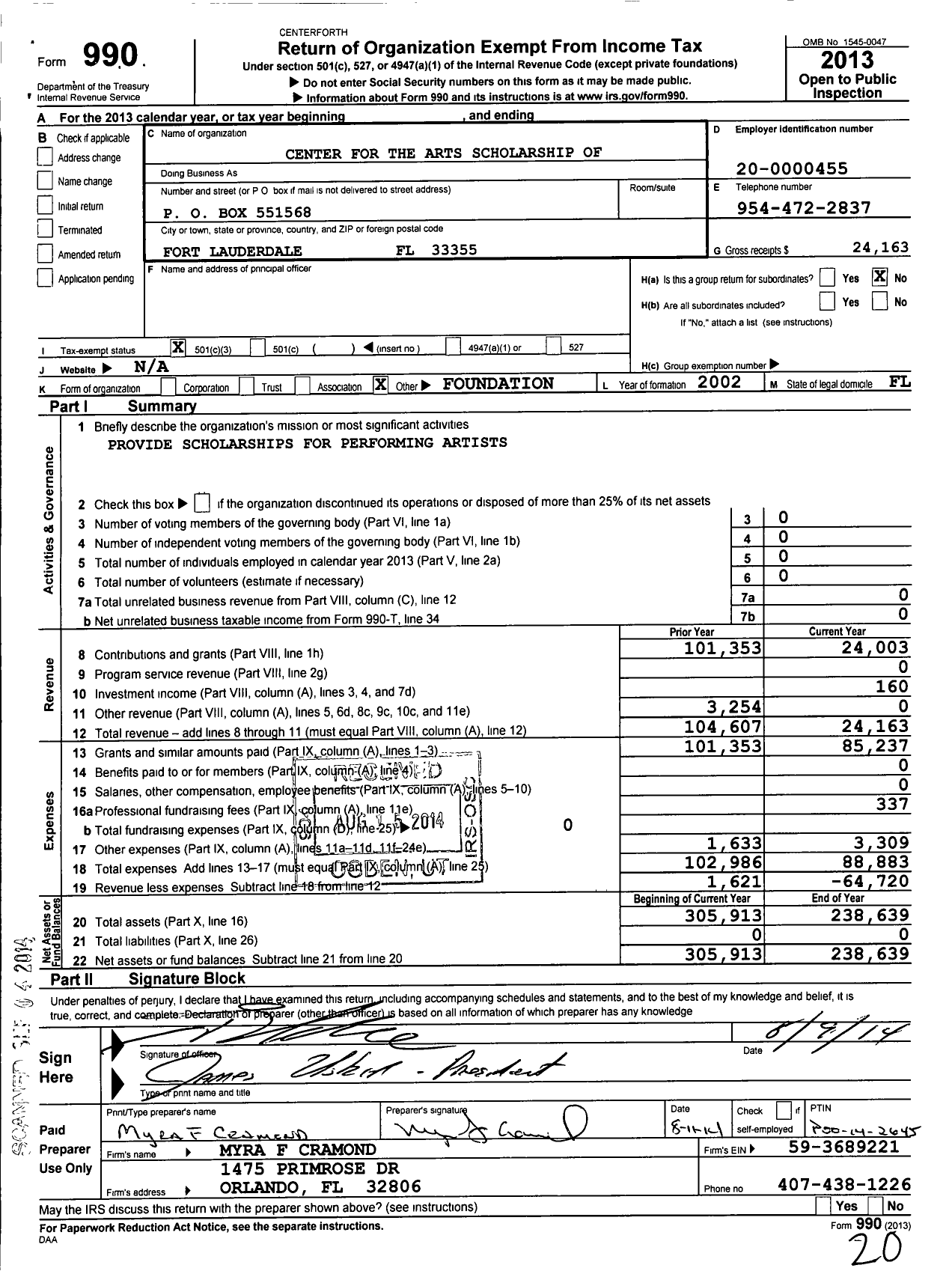 Image of first page of 2013 Form 990 for Center for the Arts Scholarship Foundation of Broward