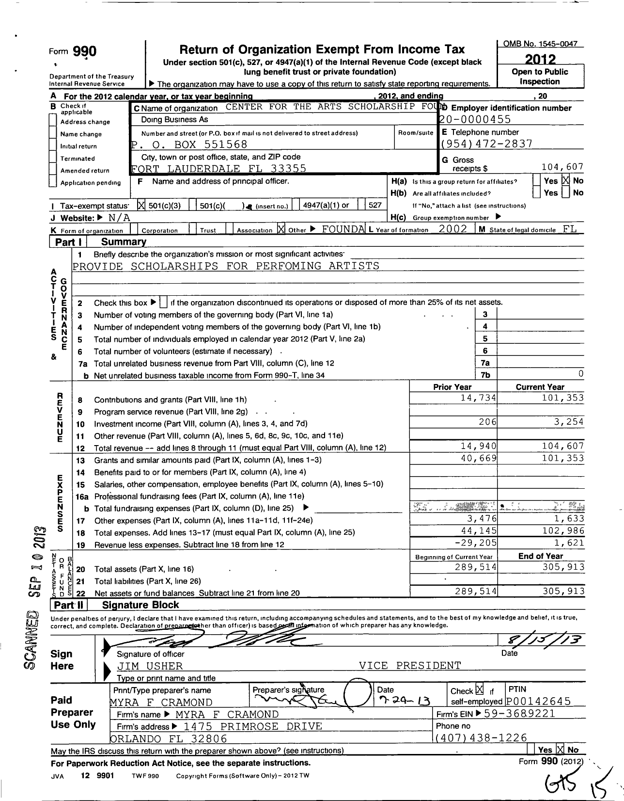 Image of first page of 2012 Form 990 for Center for the Arts Scholarship Foundation of Broward