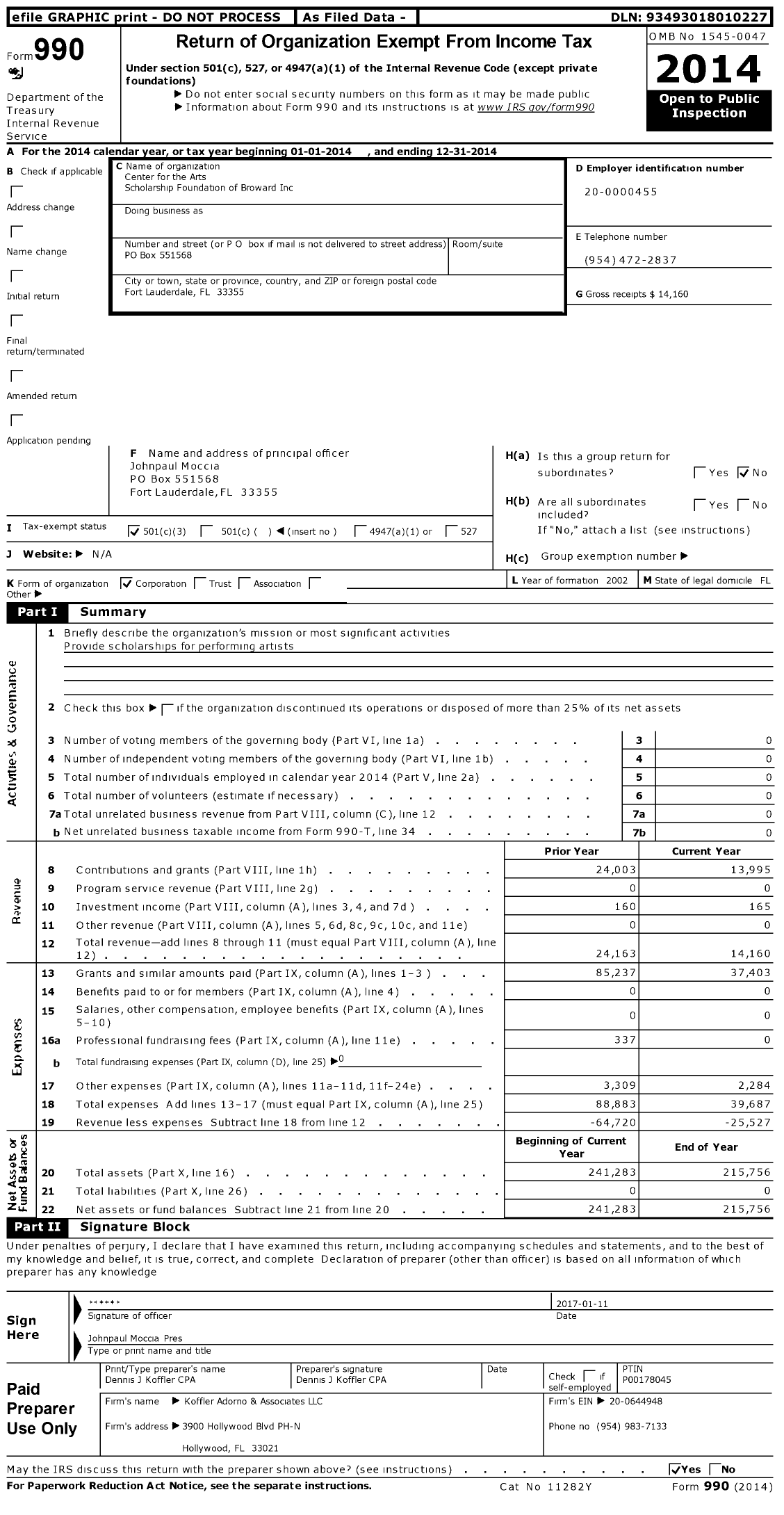 Image of first page of 2014 Form 990 for Center for the Arts Scholarship Foundation of Broward