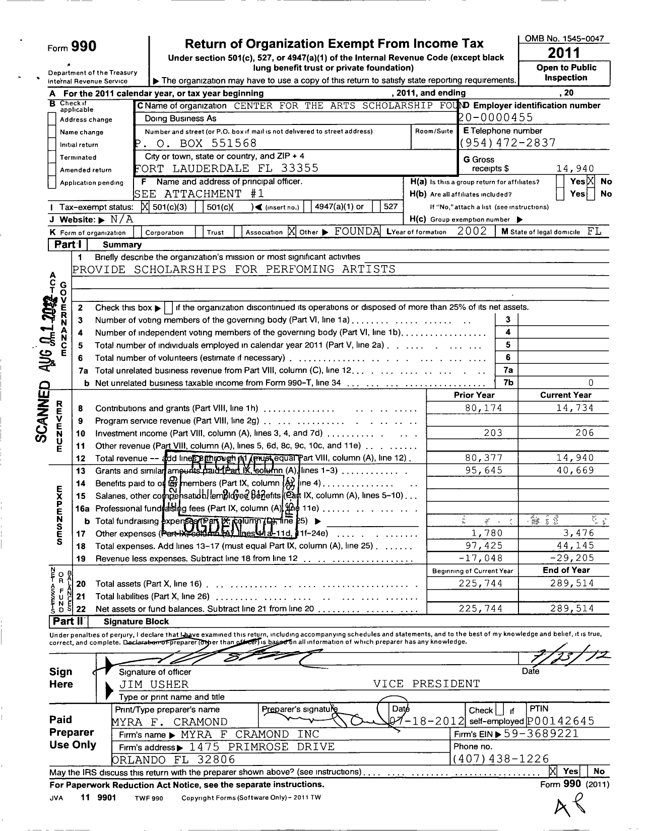 Image of first page of 2011 Form 990 for Center for the Arts Scholarship Foundation of Broward