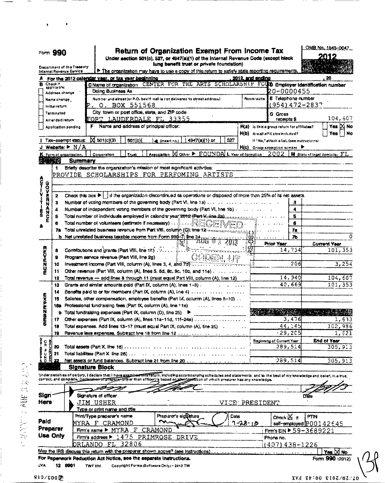 Image of first page of 2012 Form 990 for Center for the Arts Scholarship Foundation of Broward