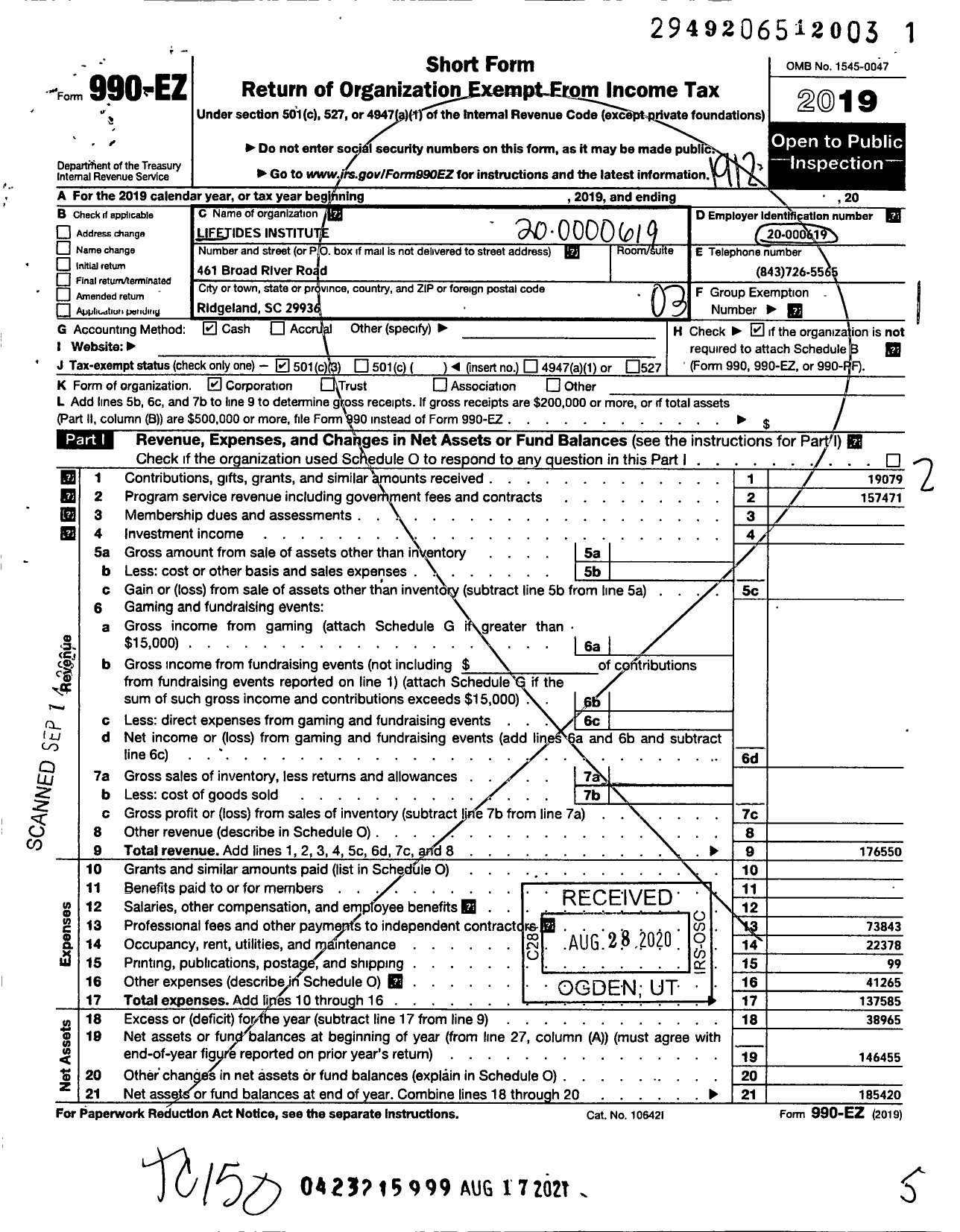 Image of first page of 2019 Form 990EZ for Lifetides Institute