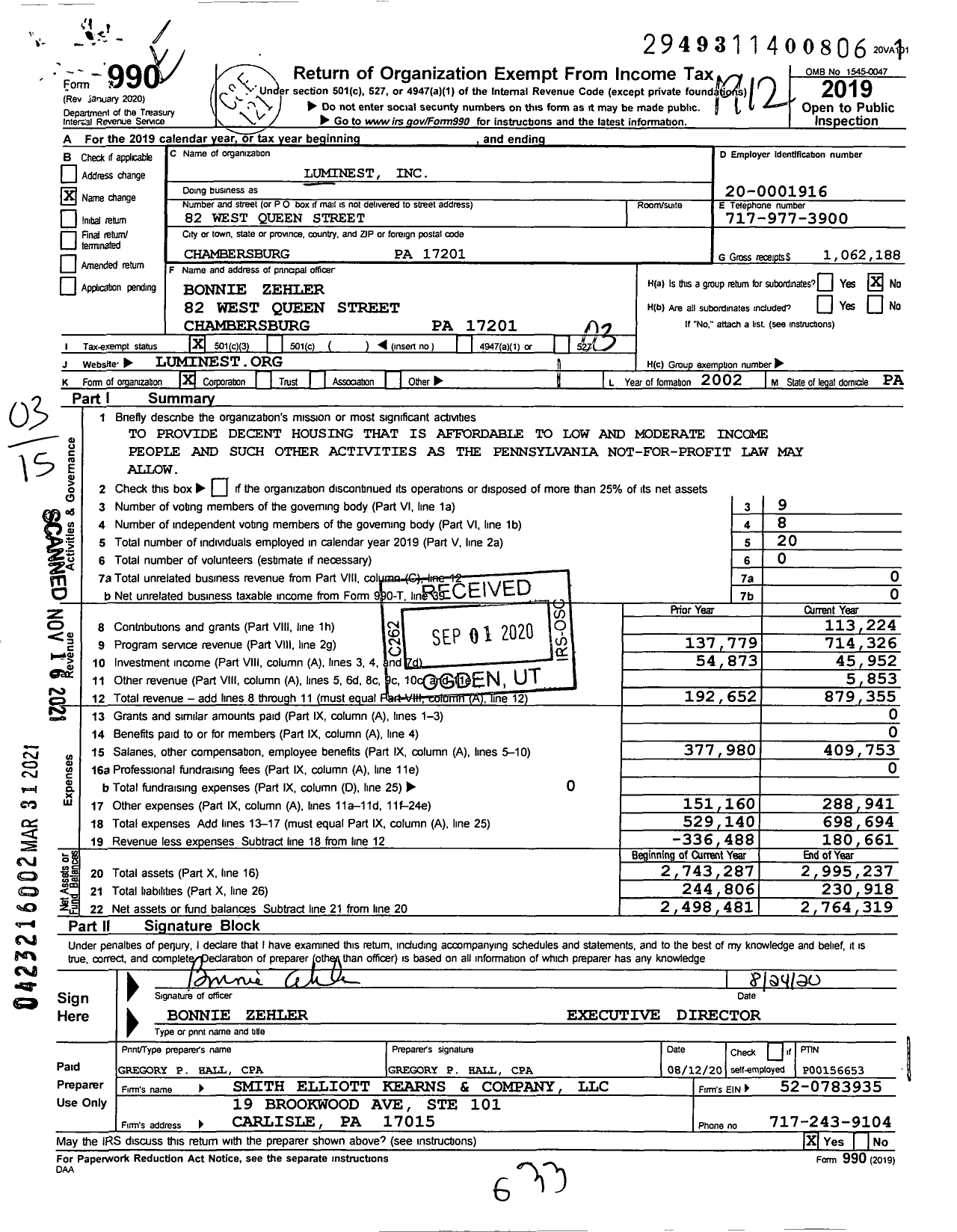 Image of first page of 2019 Form 990 for Luminest