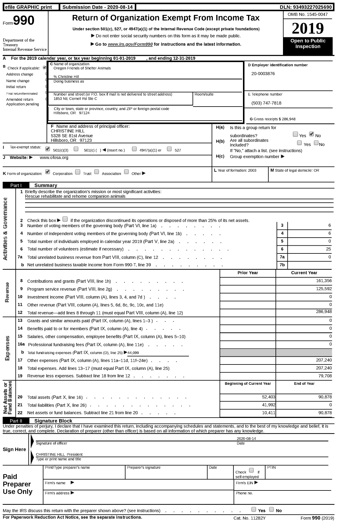 Image of first page of 2019 Form 990 for Oregon Friends of Shelter Animals