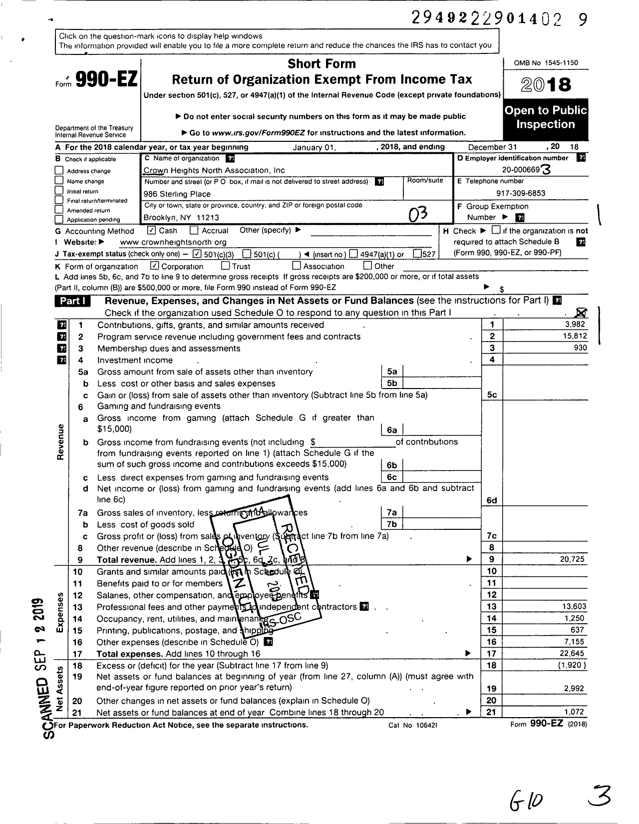 Image of first page of 2018 Form 990EZ for Crown Heights North Association