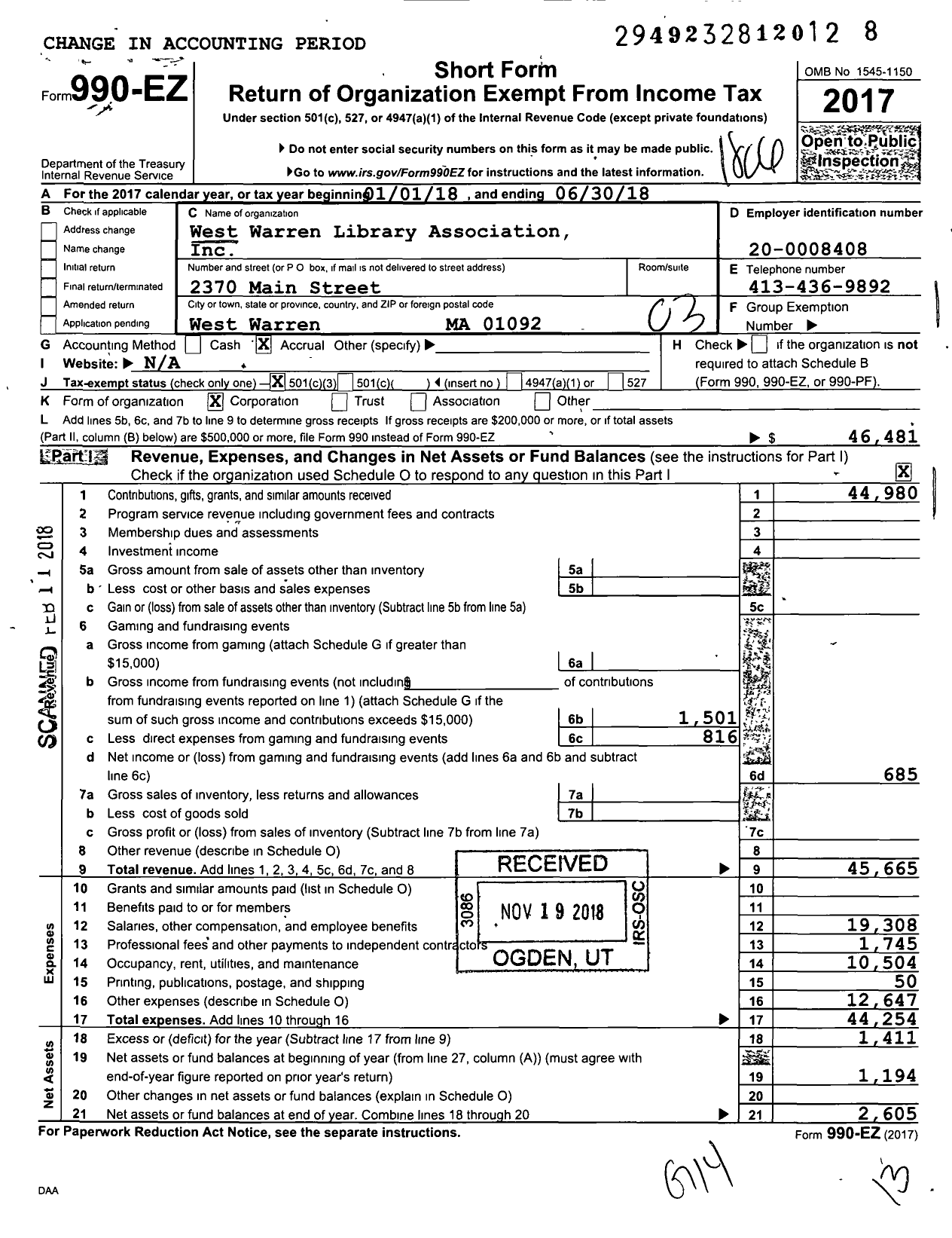 Image of first page of 2017 Form 990EZ for West Warren Library Association