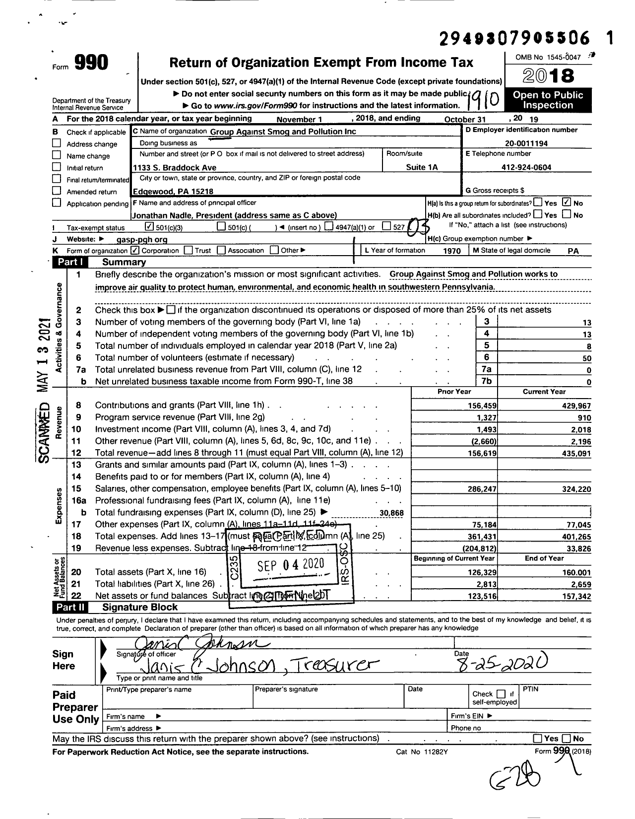 Image of first page of 2018 Form 990 for Group Against Smog and Pollution (GASP)