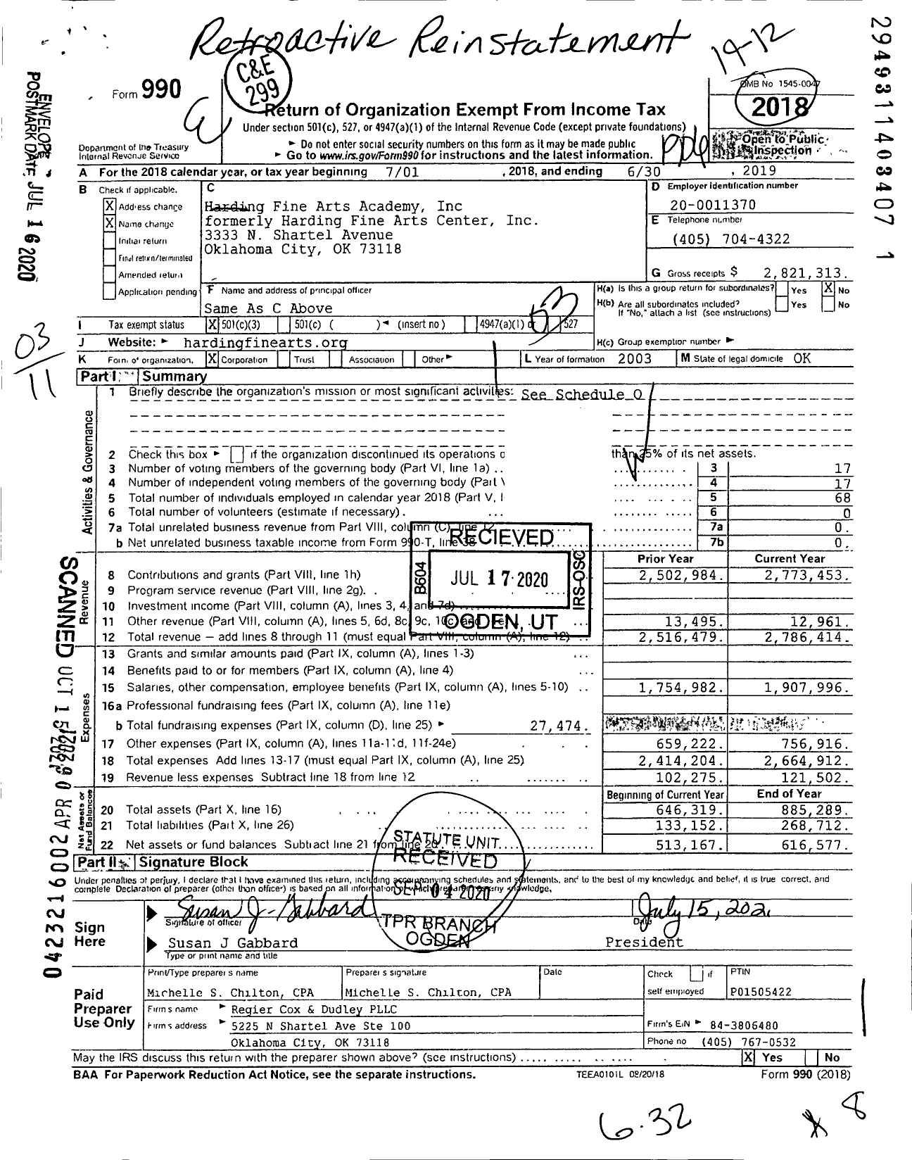 Image of first page of 2018 Form 990 for Harding Fine Arts Academy